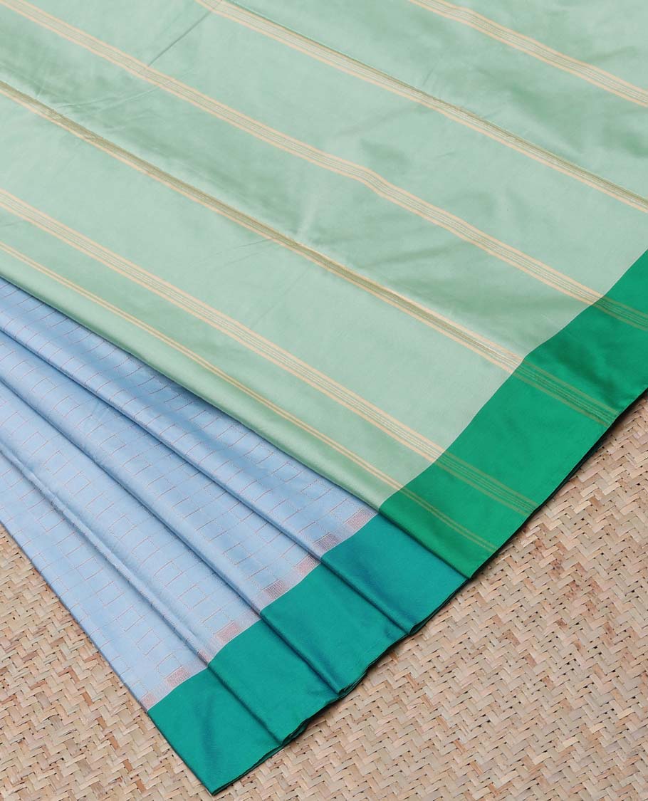 TheShoppothys Blue striped design aarani gift saree, contrast plain border & pallu of stripes