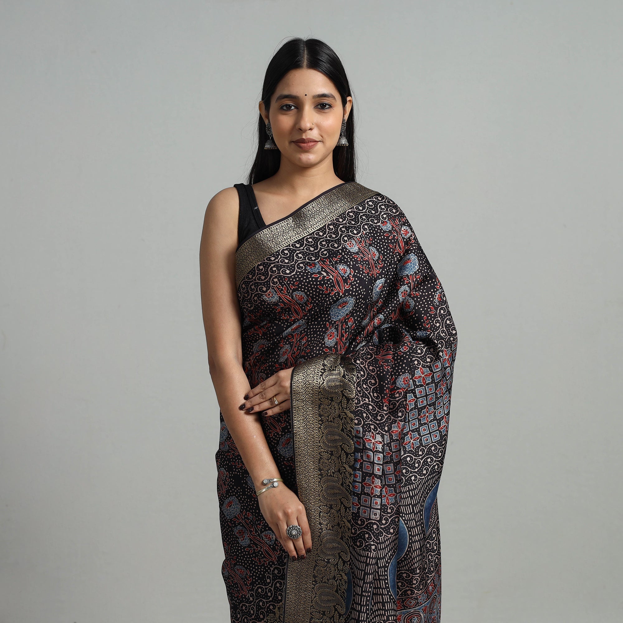 KACHCHH JI CHHAAP Black - Natural Dyed Hand Block Print Dola Silk Ajrakh Saree 05 - view 4