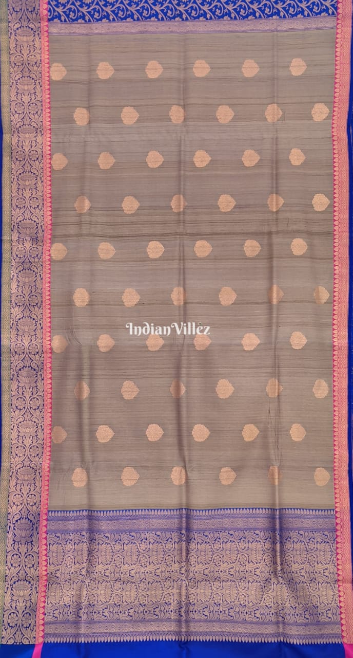 IndianVillèz Blue-Grey Brocade Tussar Banarasi Handloom Silk Saree - view 3