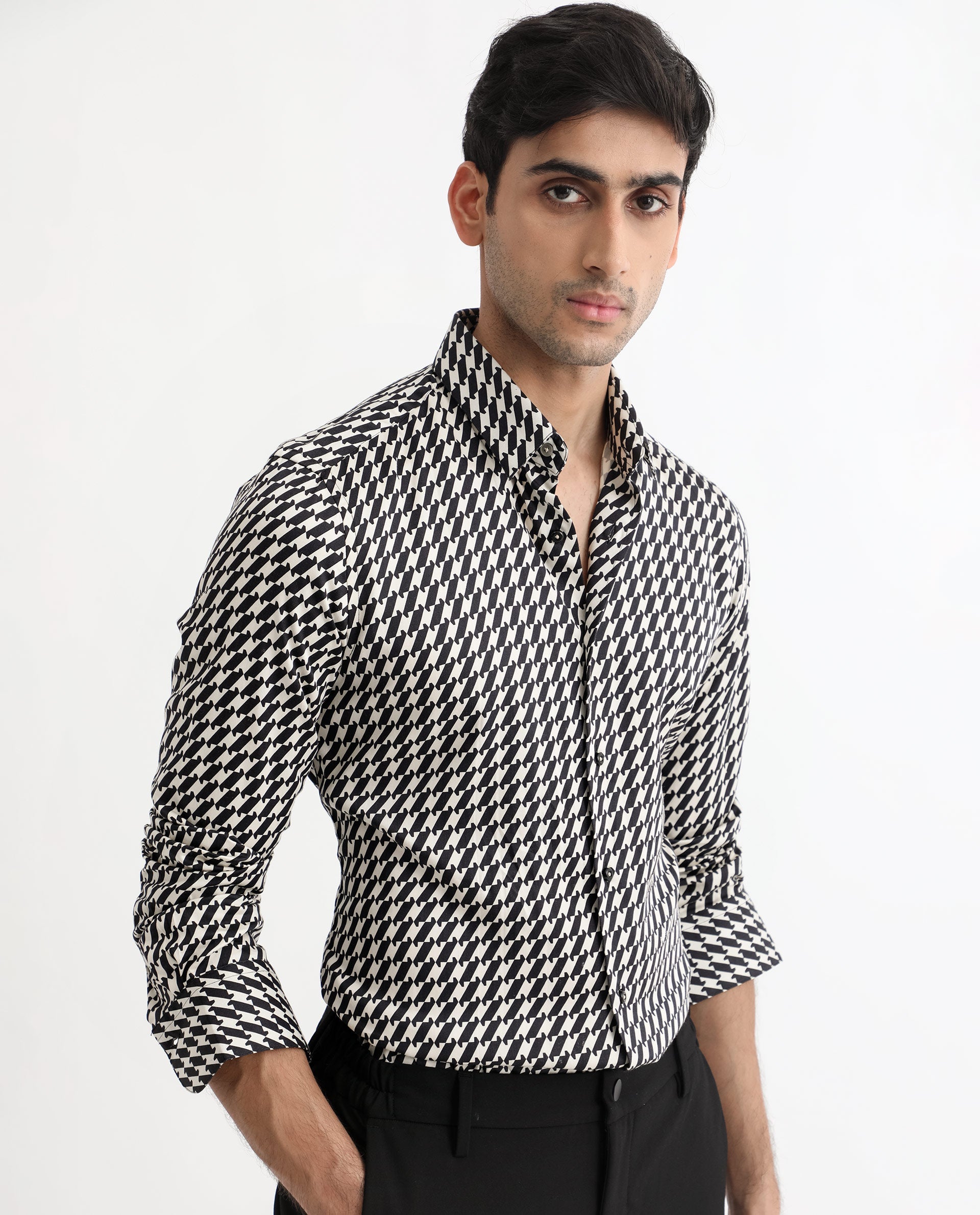 Rare Rabbit Men's Allin Black Cotton Modal Fabric Geometric Print Full Sleeves Shirt - view 3