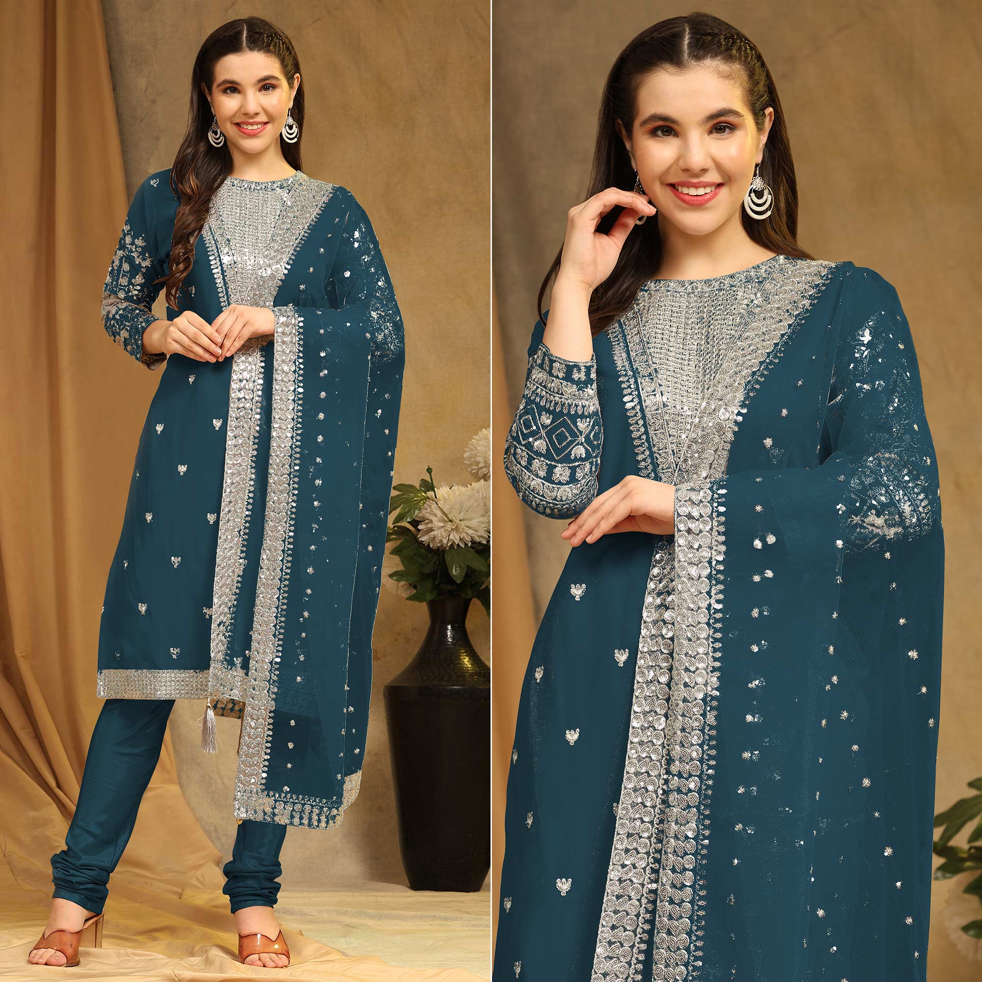 Peachmode Morpich Sequins Embroidered Georgette Semi Stitched Salwar Suit