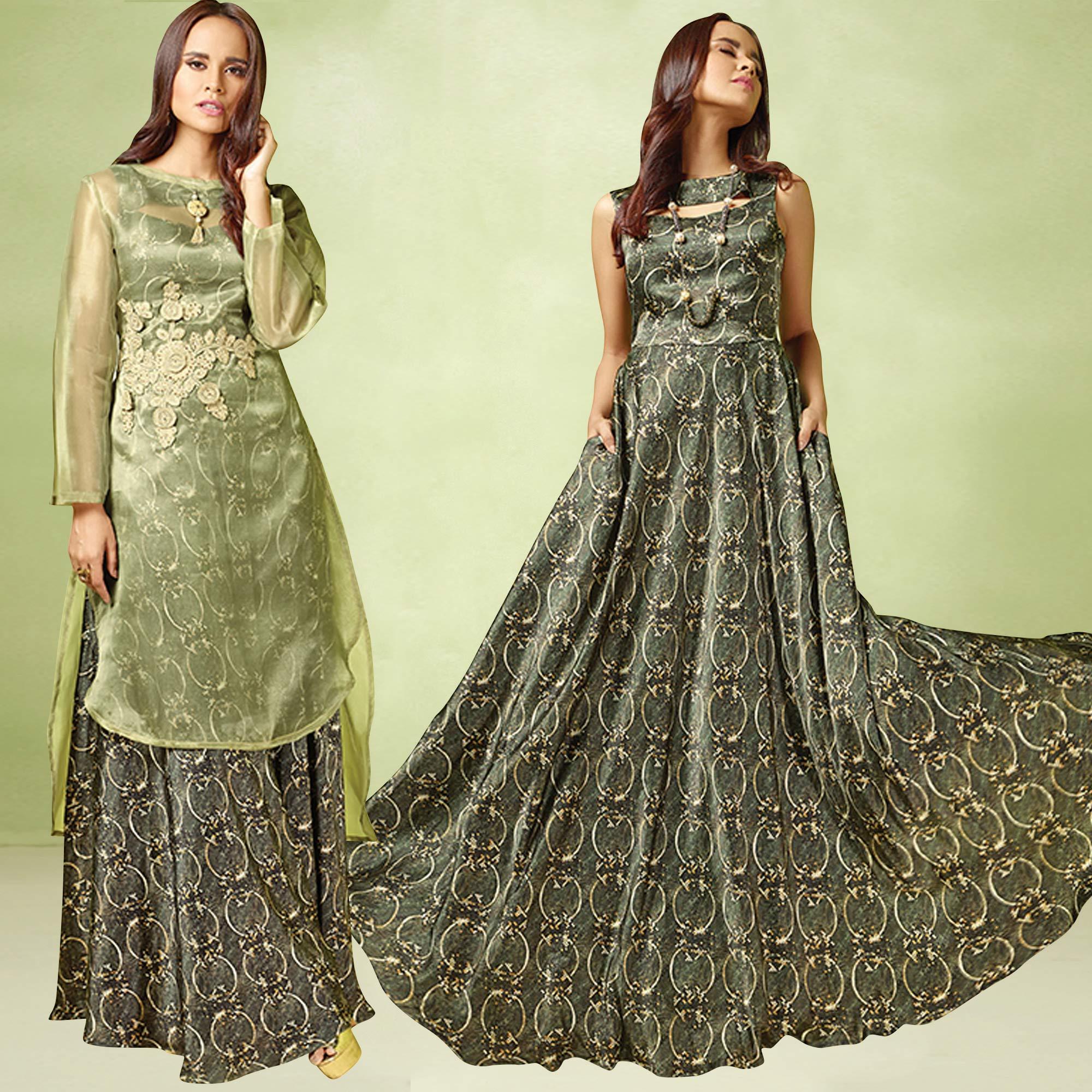 Peachmode Dark Gray-Green Printed Satin Gown