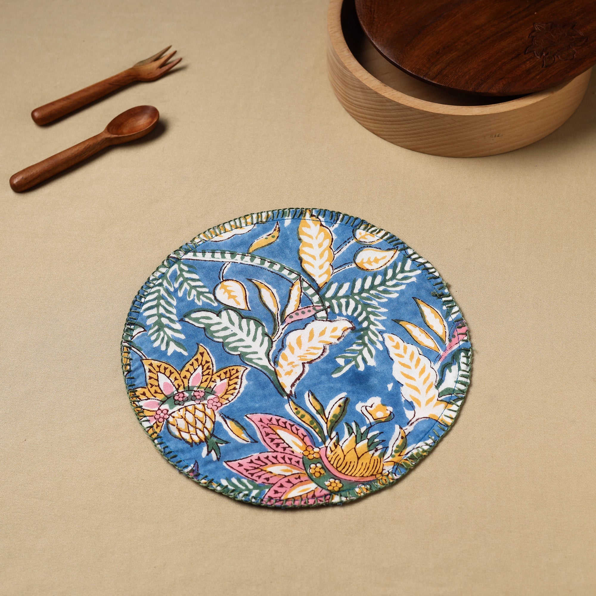 NOORI BAZAR Blue - Floral Block Print Hand Embroidery Roti Napkin 02