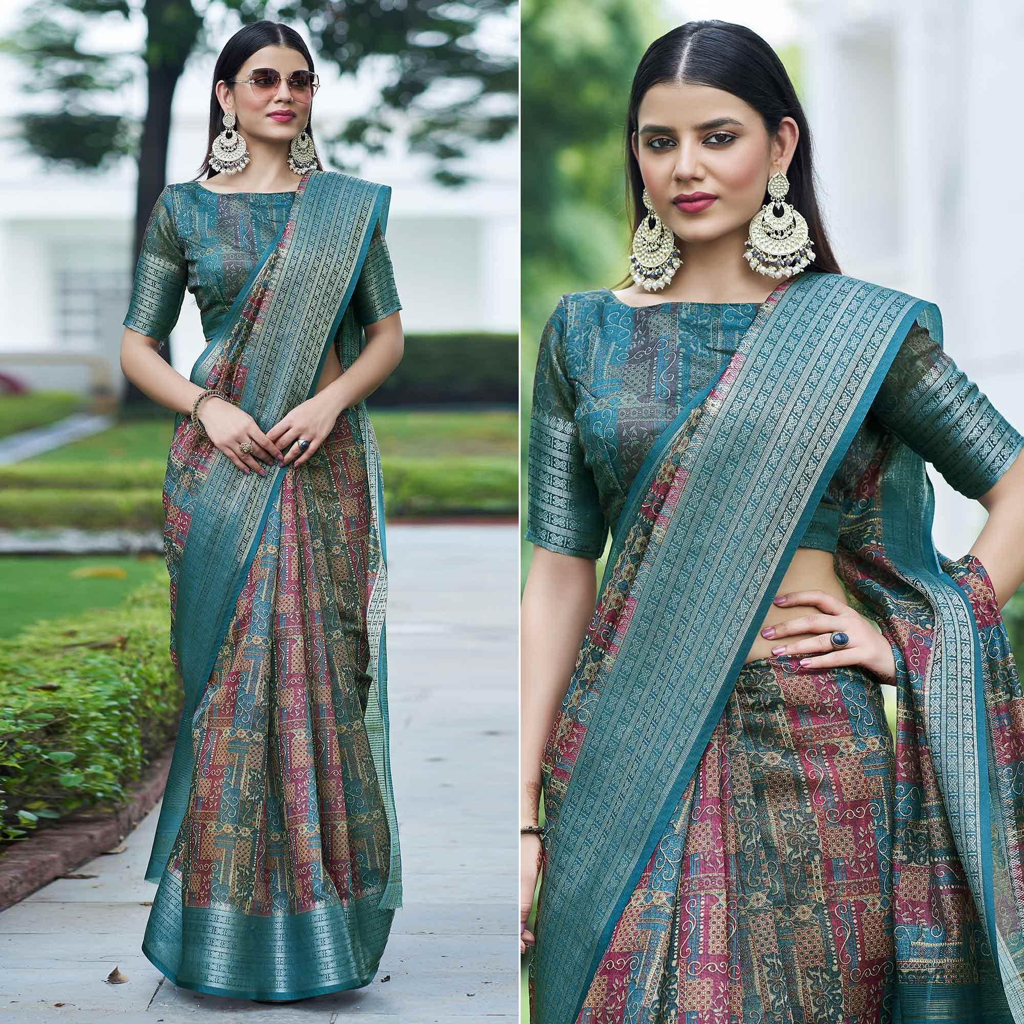 Peachmode Blue-Pink Digital Printed Linen Saree