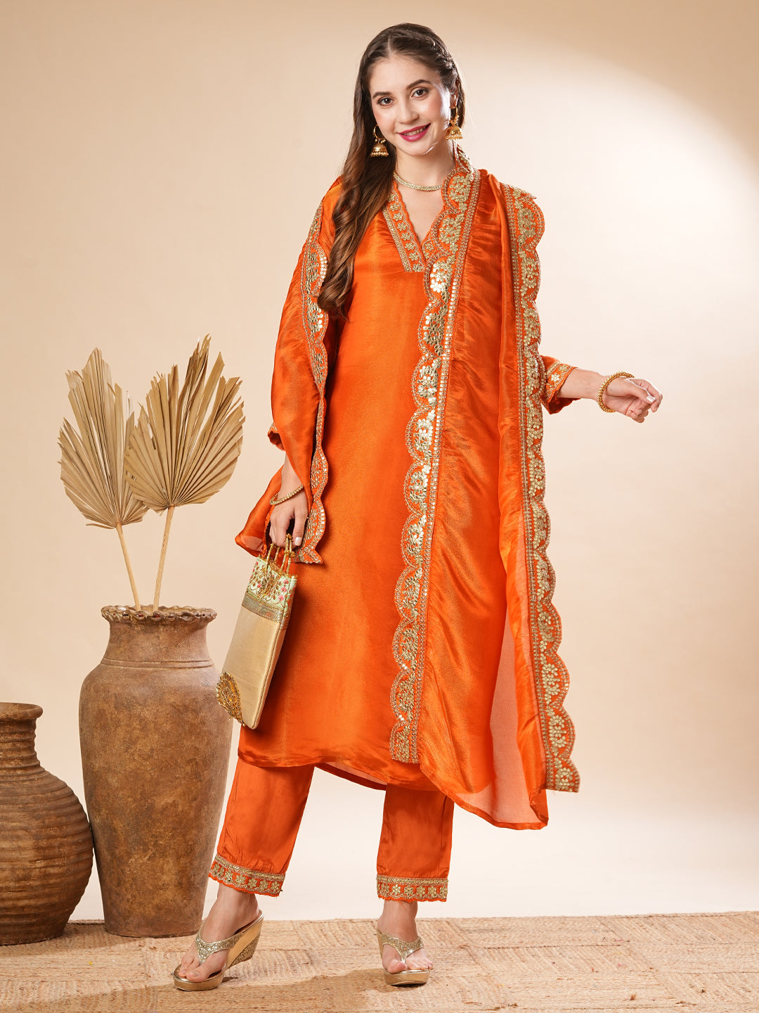 Fashor Solid Gotapatti & Zari Embroidered Shimmer Kurta with Pants & Dupatta - Orange - view 2