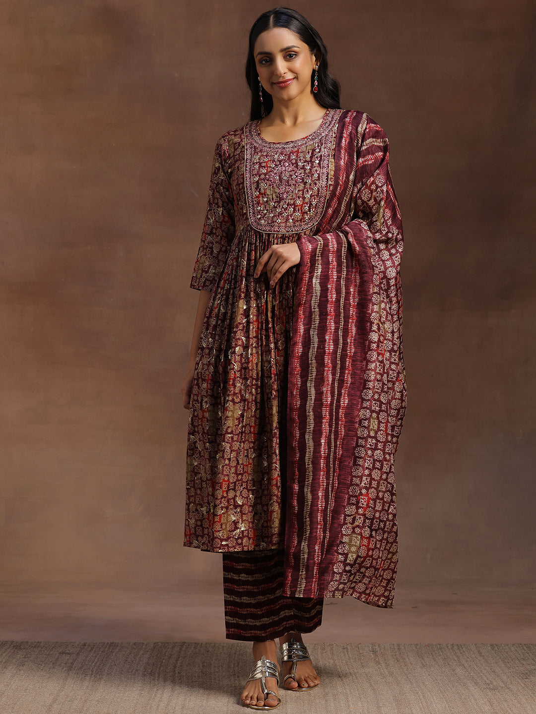 Libas Burgundy Printed Silk Blend A-Line Kurta With Trousers & Dupatta - view 3