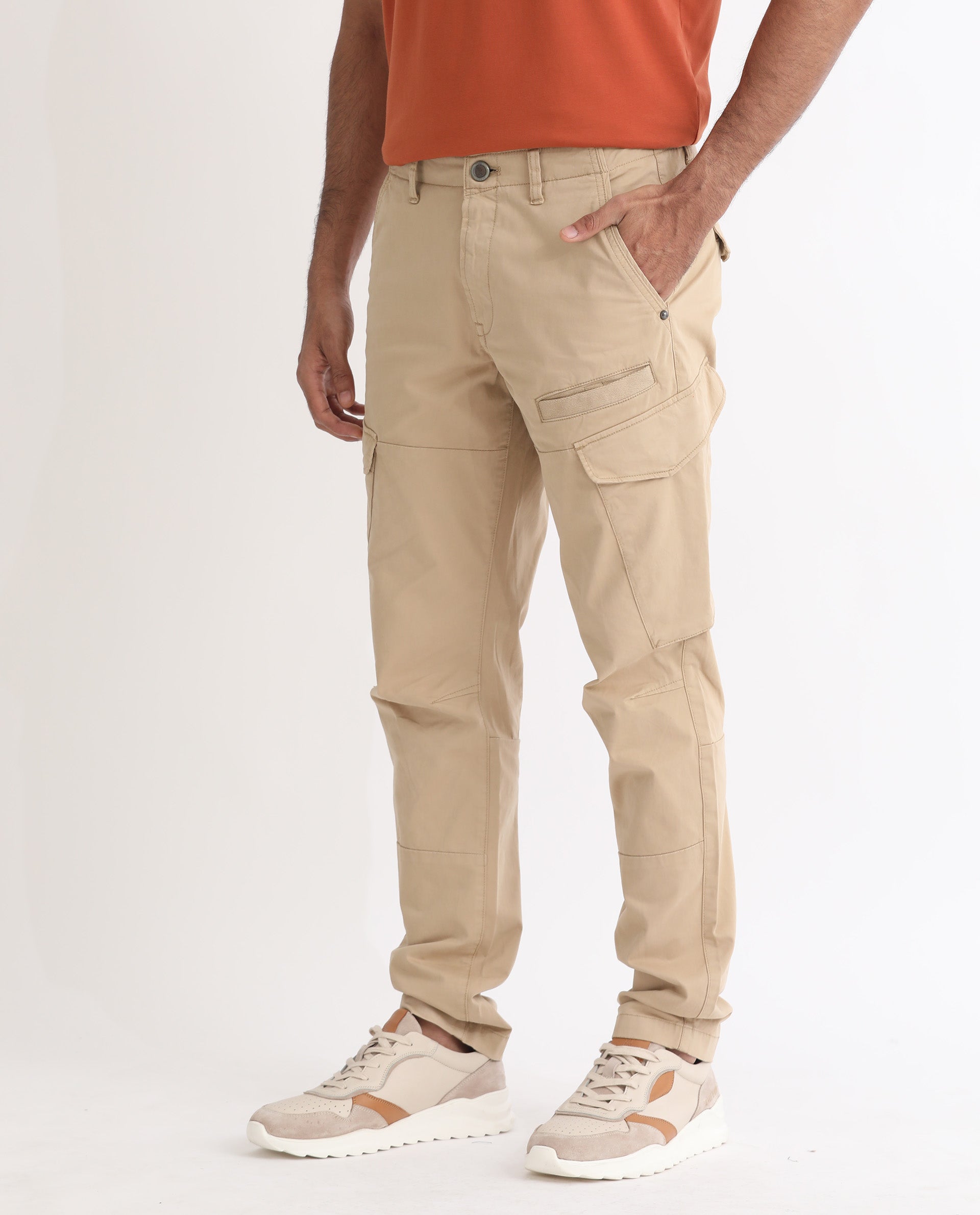 Rare Rabbit Men's Cidar Beige Mid-Rise Regular Fit Cargo Style Stretch Trouser
