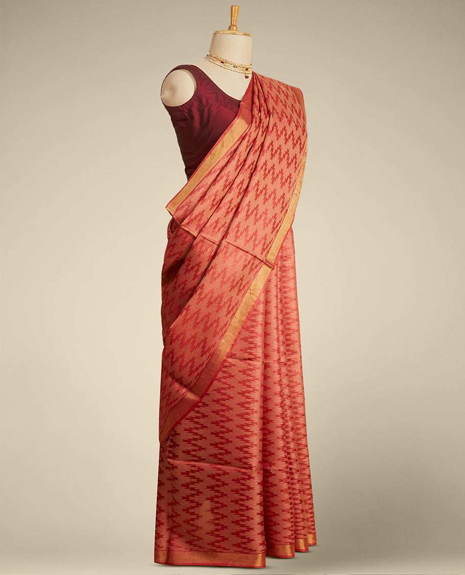 Pothys Red zig- zag striped design tusser silk saree with contrast zari border - view 2
