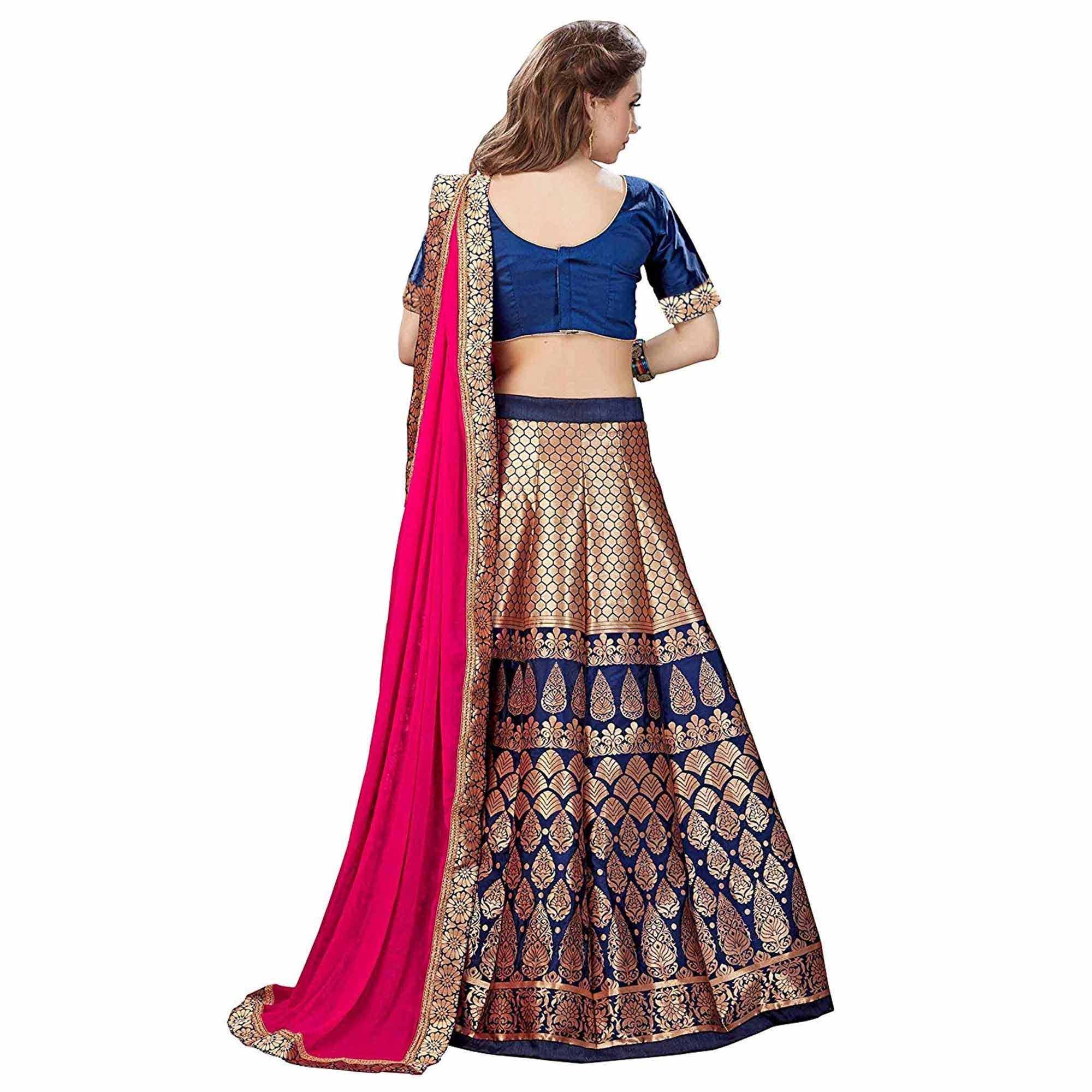 Peachmode Magnetic Blue Colored Partywear Woven Banarasi Silk Jacquard Lehenga Choli - view 5