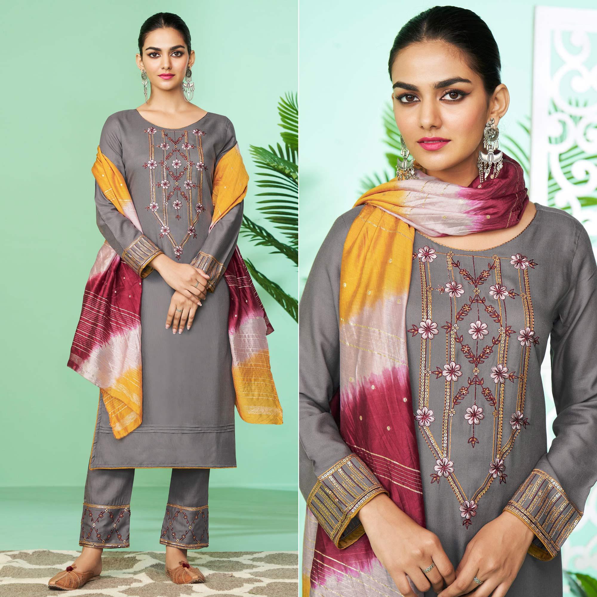 Grey kurtas – BlackTree grey-floral-embroidered-rayon-kurti-pant-set-145321