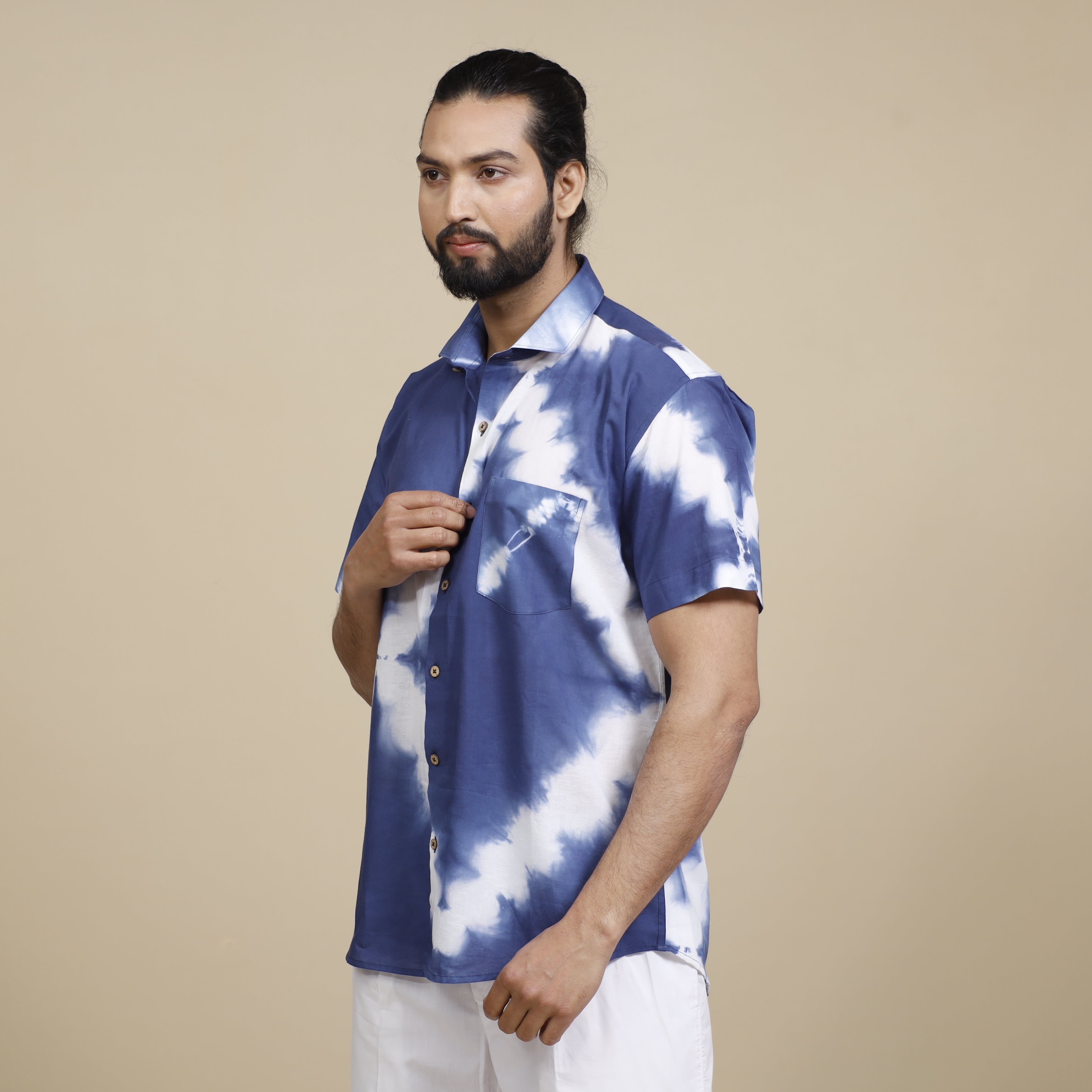 ITOKRI CASUALS Blue & White Shibori Tie-dye Cotton Men Half Sleeve Shirt - view 4