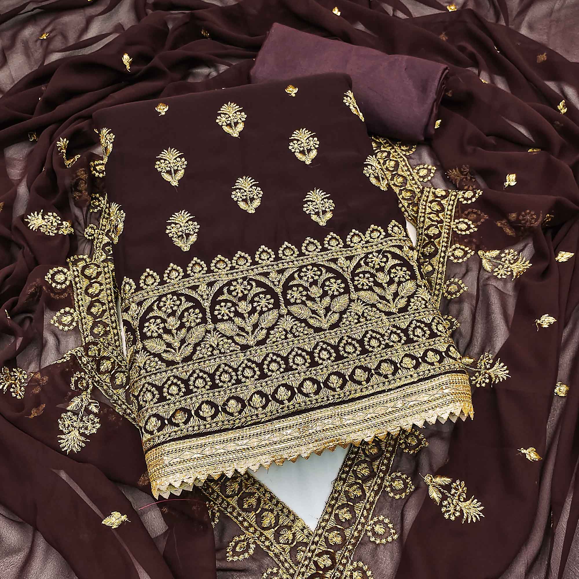 Peachmode Brown Floral Embroidered Georgette Dress Material