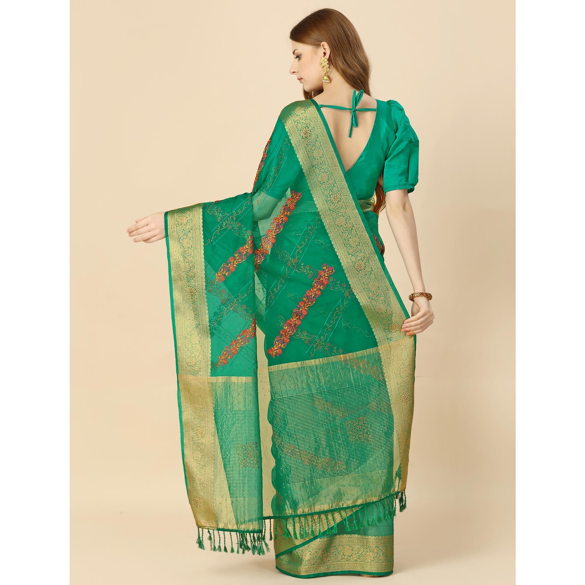 BlackTree green-floral-embroidery-with-swarovski-work-organza-saree - view 6