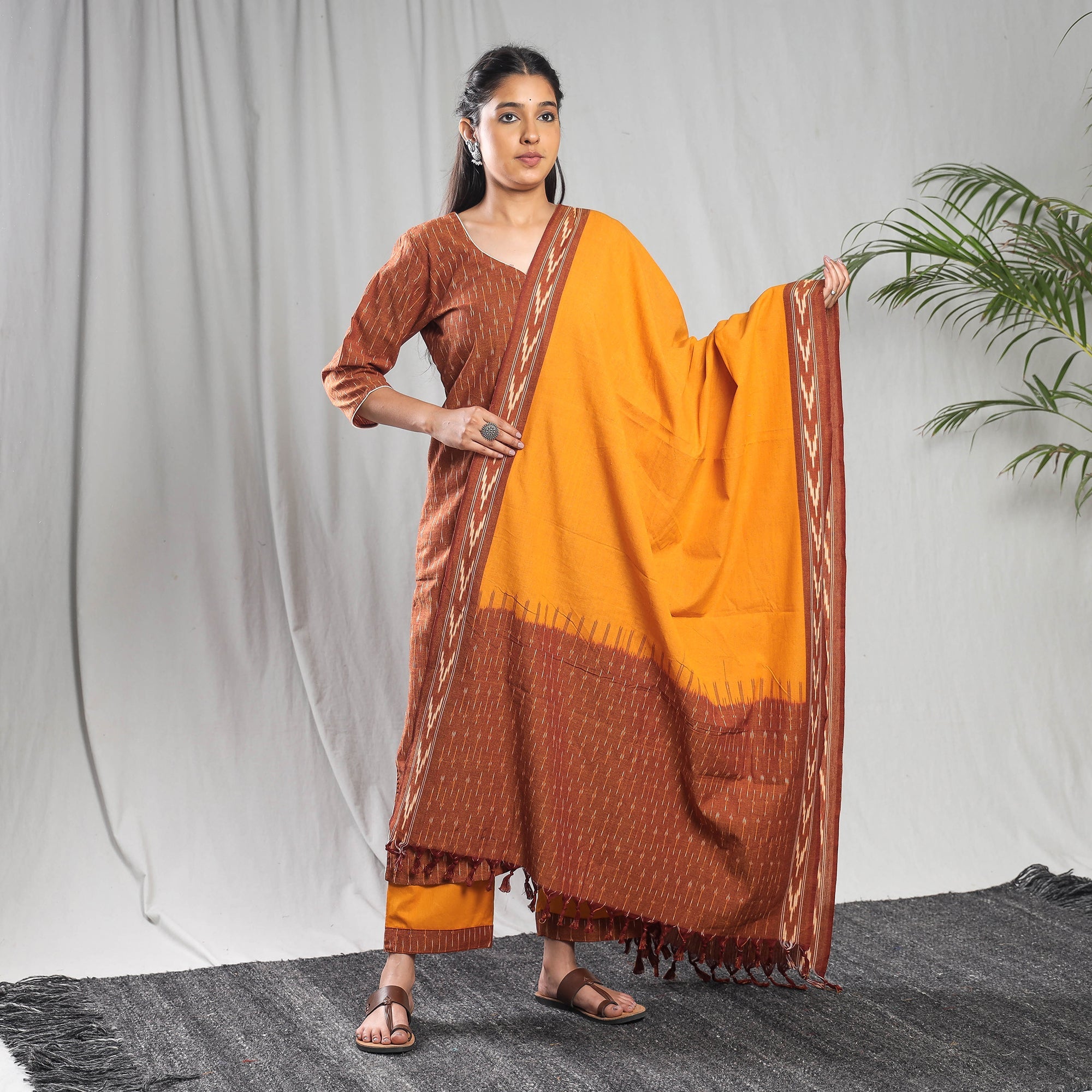 ITOKRI CASUALS Brown - Pochampally Ikat Cotton Kurta with Palazzo & Dupatta Set