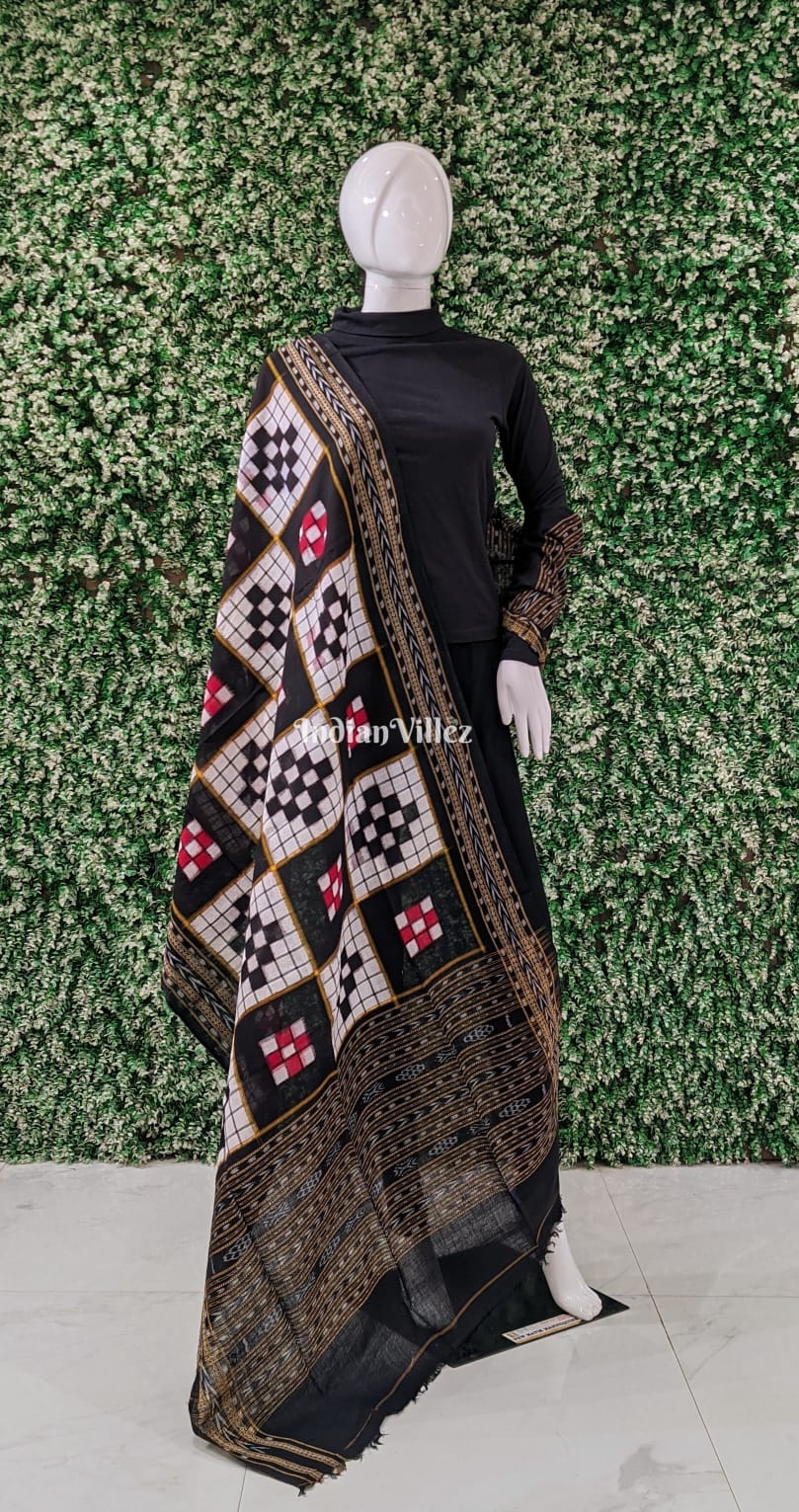 IndianVillèz Black White Red Odisha Ikat Pasapali Theme Cotton Dupatta