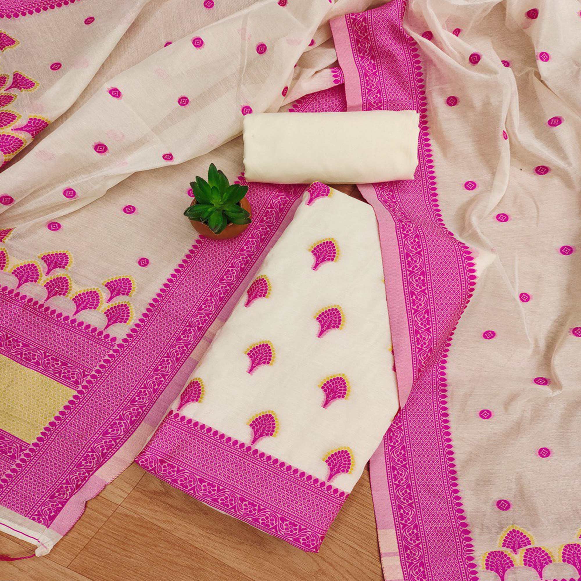 Peachmode Offwhite & Pink Floral Woven Chanderi Dress Material