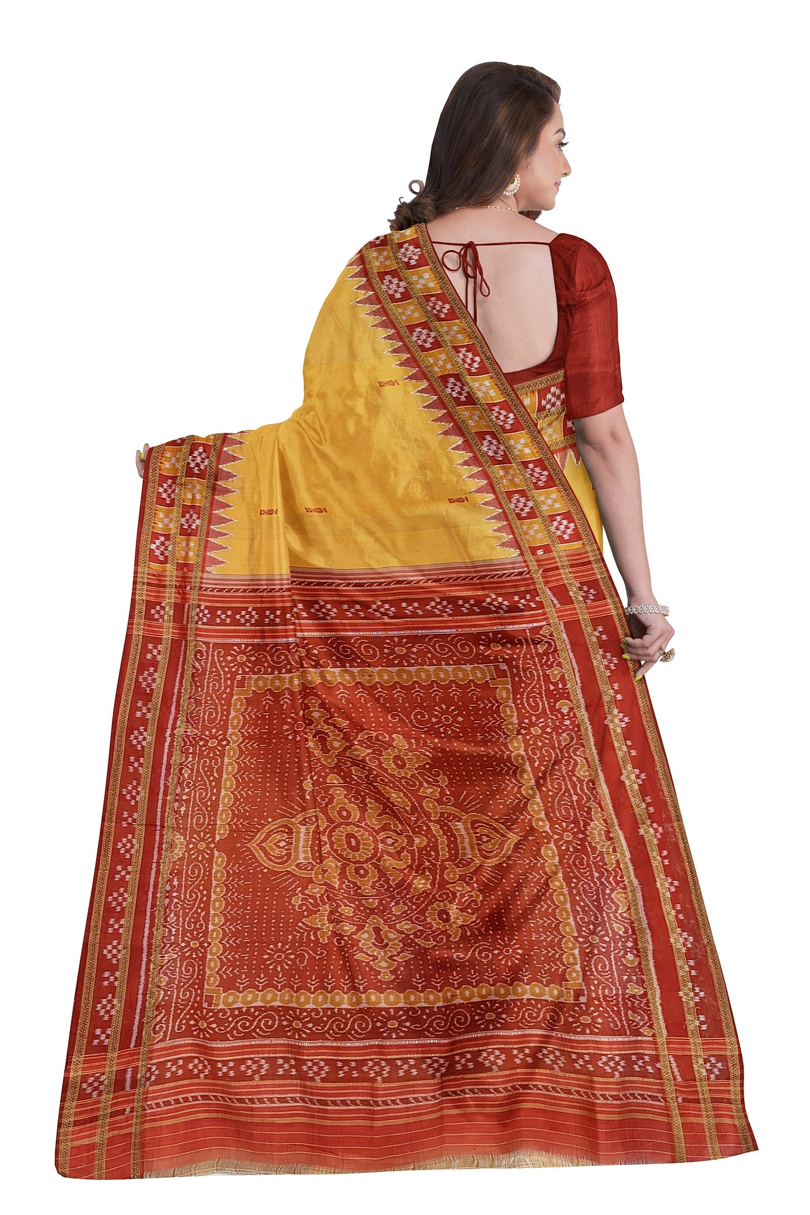 IndianVillèz Deep Yellow Double Border Pasapalli Fish Motif Khandua Silk Saree - view 2