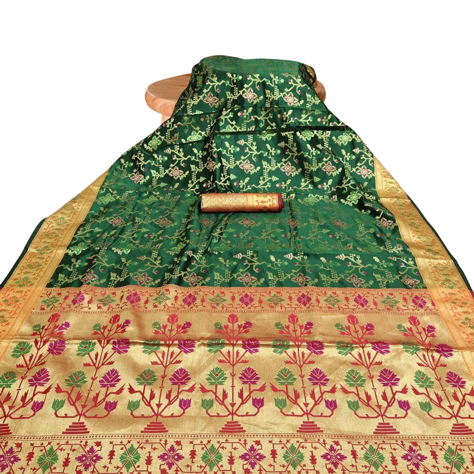 Peachmode Fantastic Dark Green Colored Festive Wear Woven Silk Saree - view 3