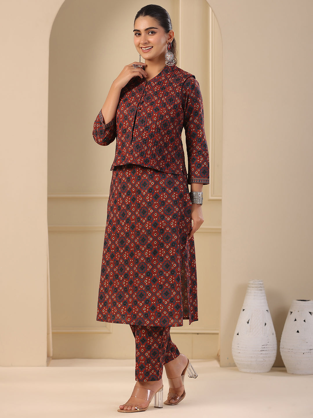 Fashor Ajrakh Block Printed Sequins Embroidered Kurta with Quilted Reversible Waist Coat & Pants - Maroon - view 5