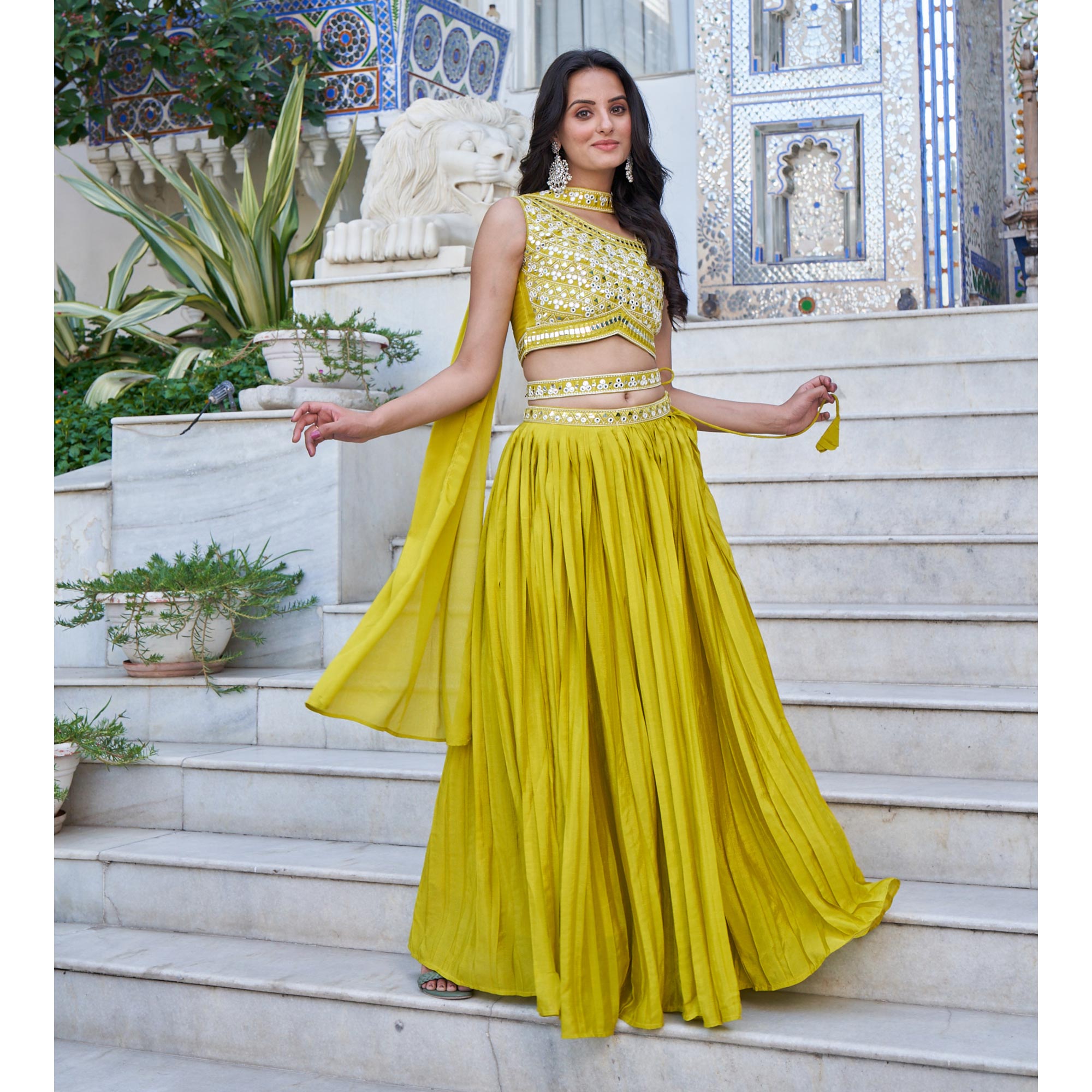 Peachmode Seller Lemon Green Embroidered Chiffon Plated Lehenga Choli - view 9
