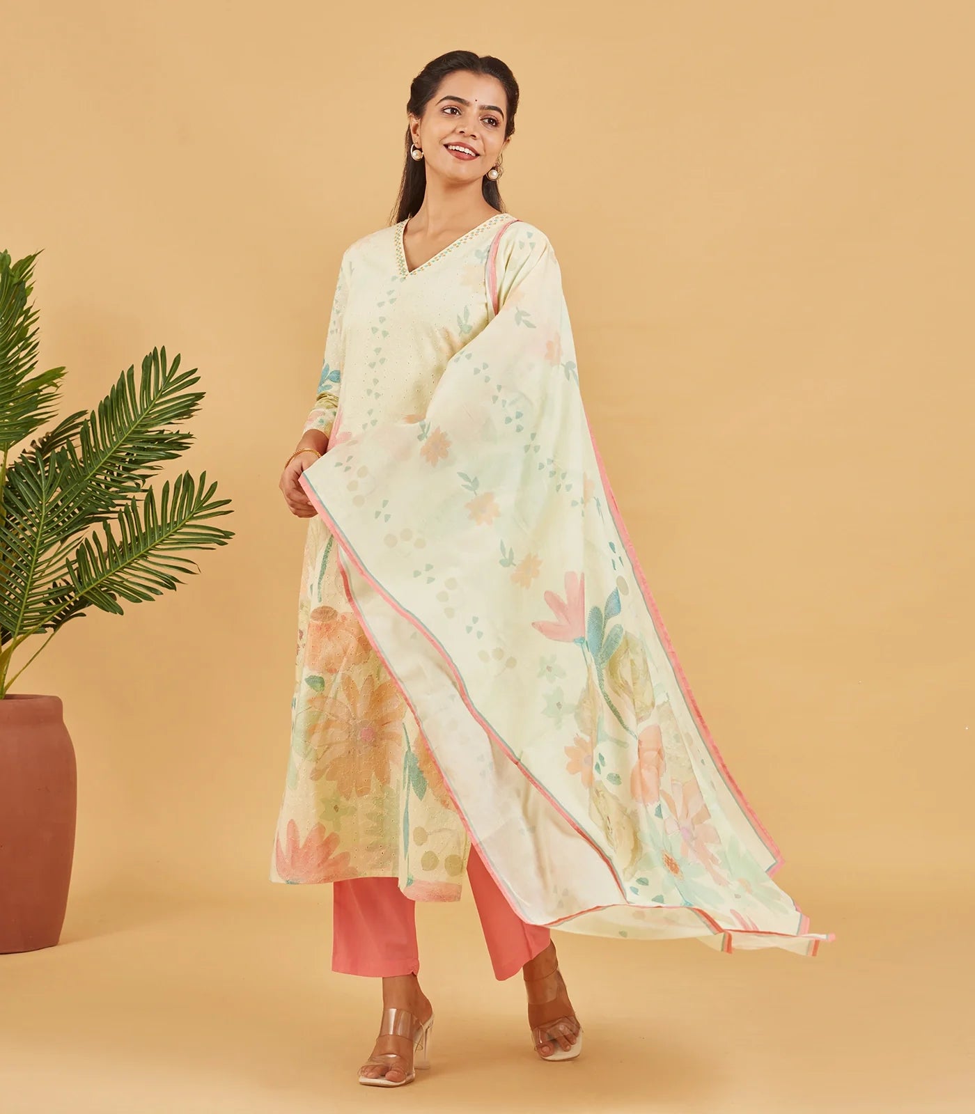 RmKV Pastel Yellow Printed Kurta Set With Dupatta
