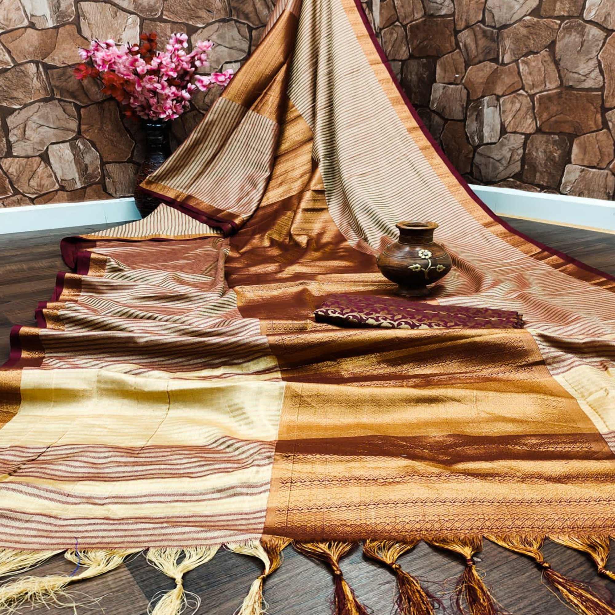 Peachmode Chikoo Festive Wear Woven Heavy Rich Cotton Silk Saree