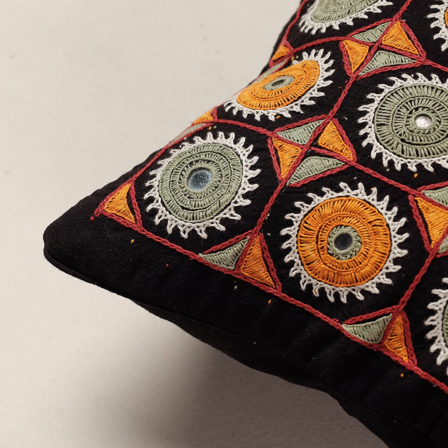Black - Kala Raksha Rabari Hand Embroidery Cotton Cushion Cover (12 x 12 in) - view 2