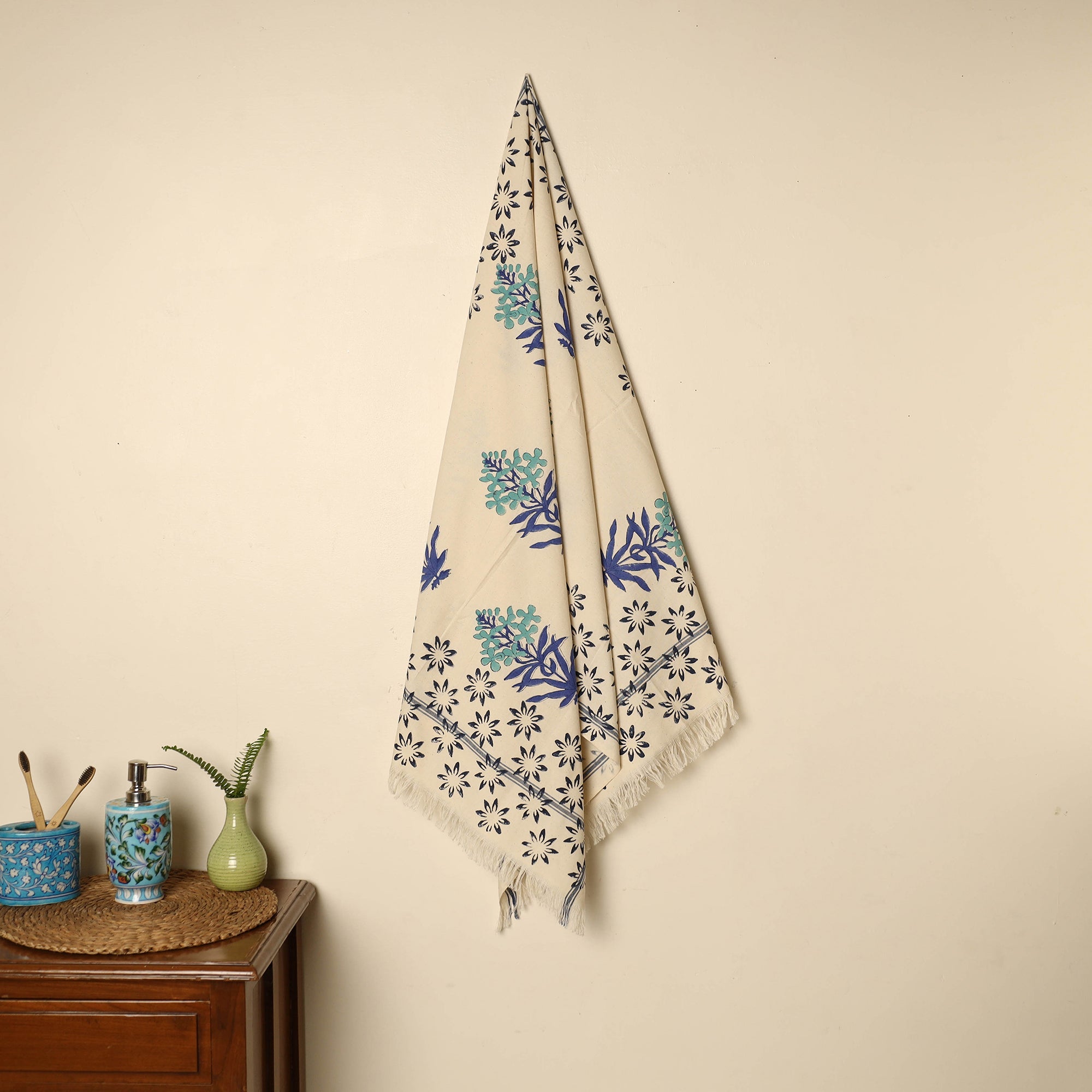 ARTISAN HAND BLOCK PRINTS Beige - Block Printed Handloom Cotton Sanganeri Towel 33