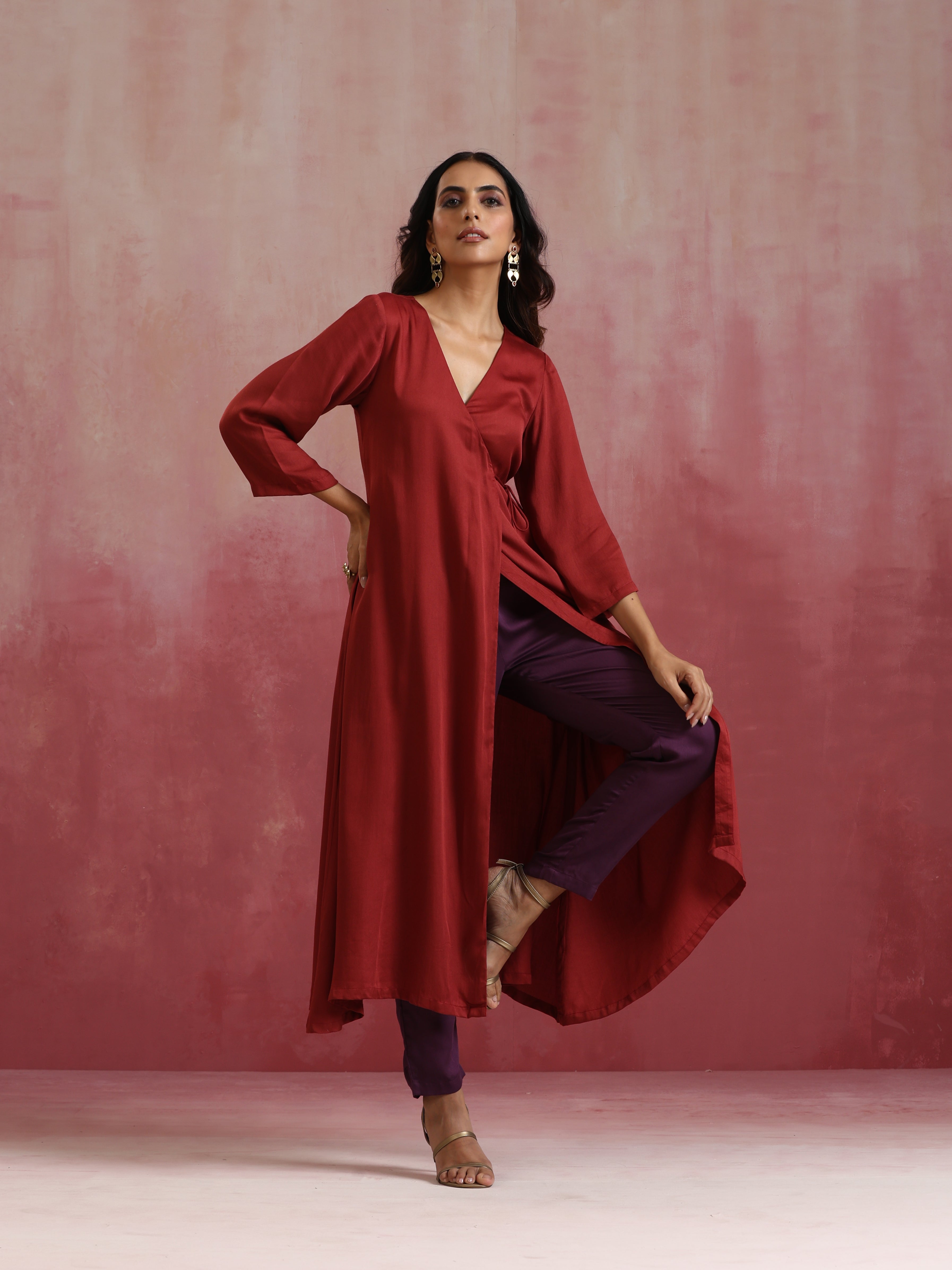 trueBrowns Maroon Modal Angrakha Kurta Set - view 3