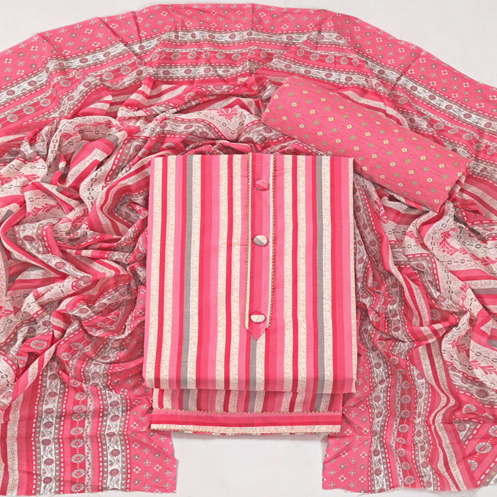 Peachmode Gajari Pink Striped Printed With Gota Patti Work Pure Cotton Dress Material