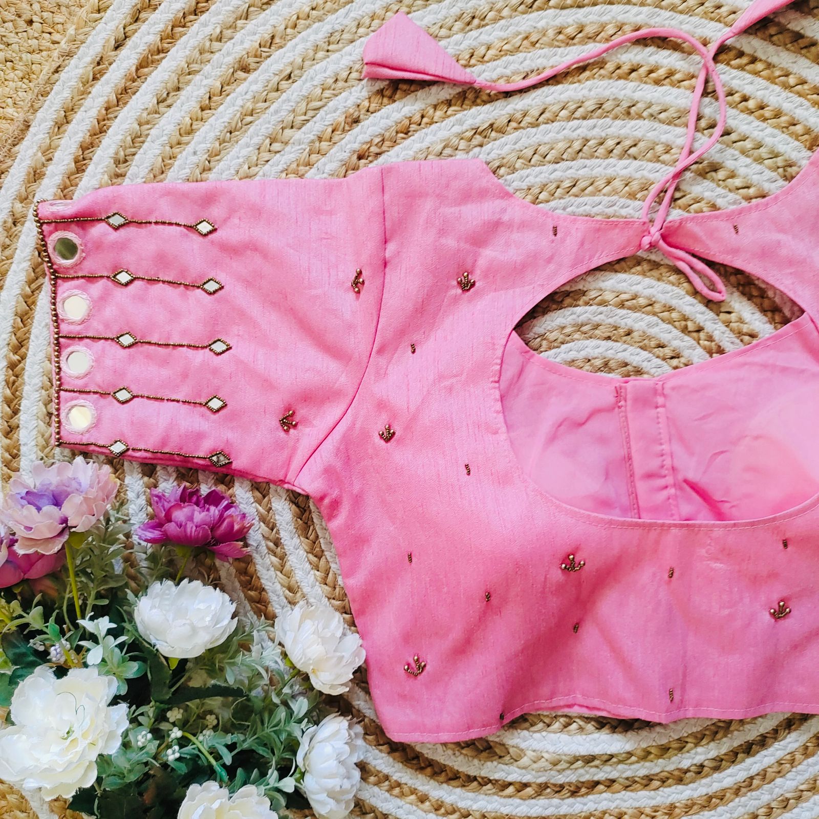 ClothsVilla Pink Russian Silk Blouse with Mirror and Pearl Embellishments - view 2
