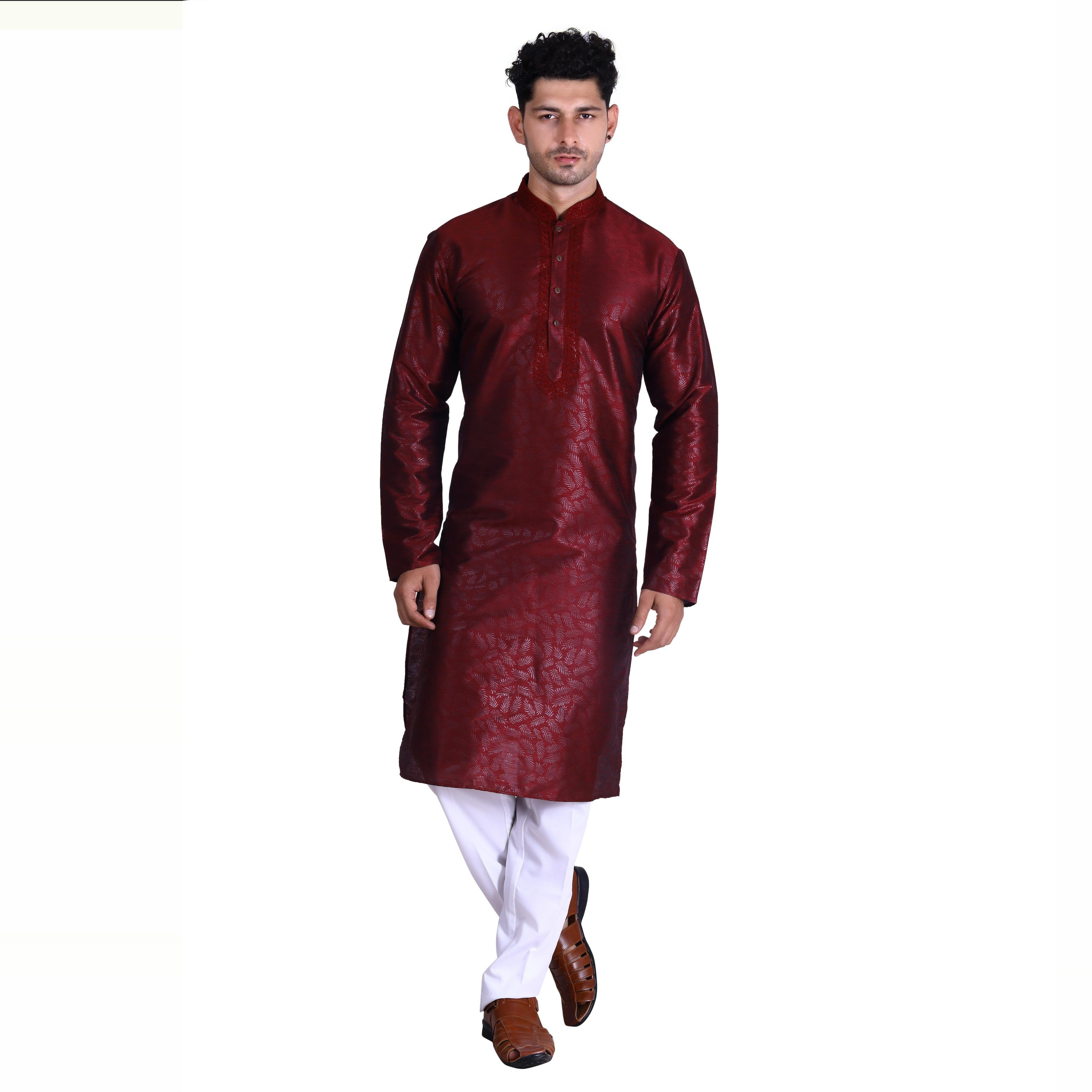 Peachmode Seller Maroon Woven Art Silk Men's Kurta Pyjama Set