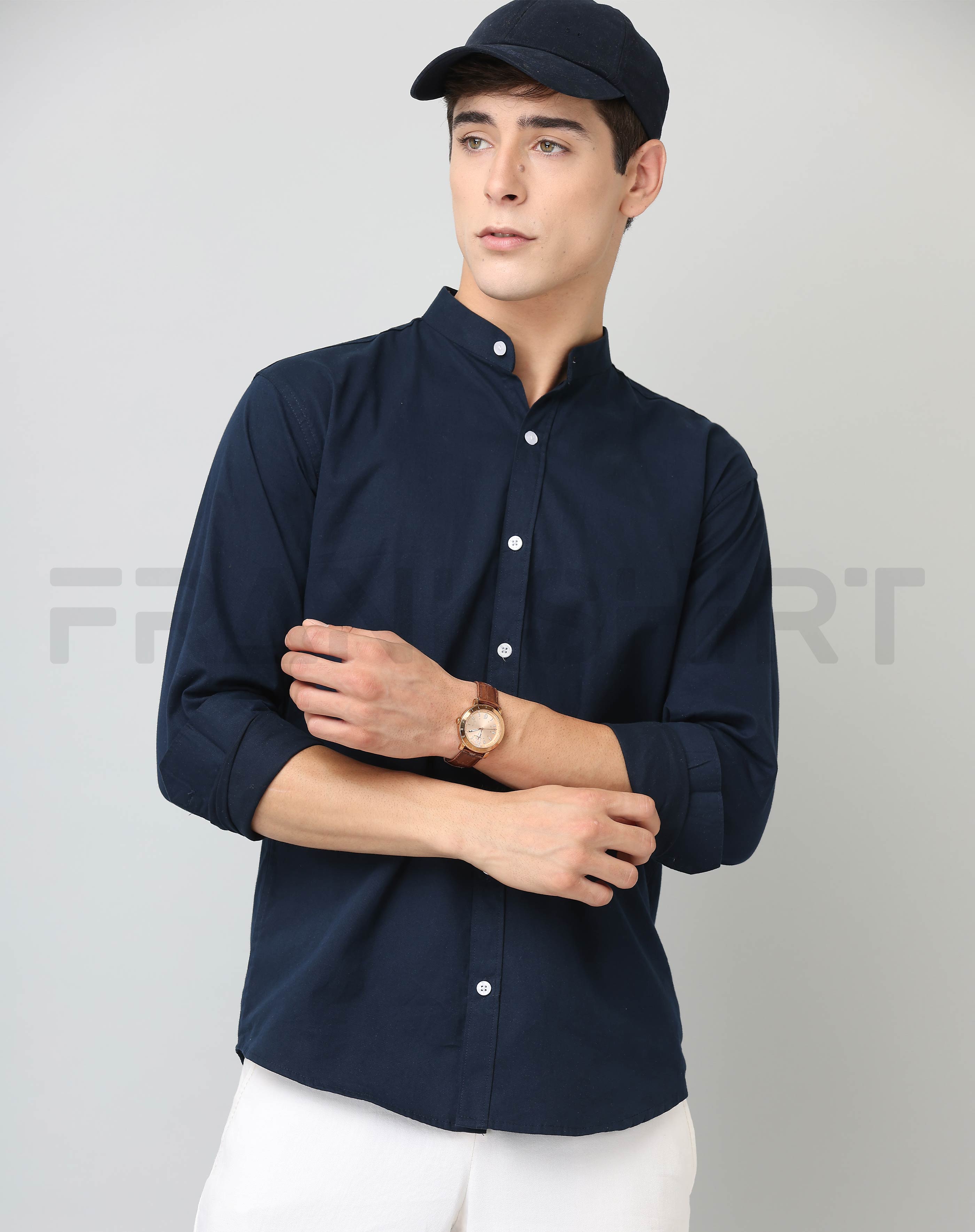 BlackTree Frankshirt Chinese Collar Navy Blue Solid Tailored Fit Cotton Casual Shirt for Man - view 2