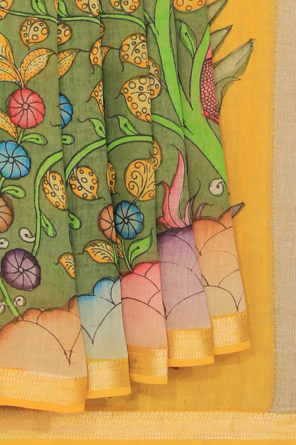 Kalanjali Kalamkari Hand-Painted Green Saree – Women's