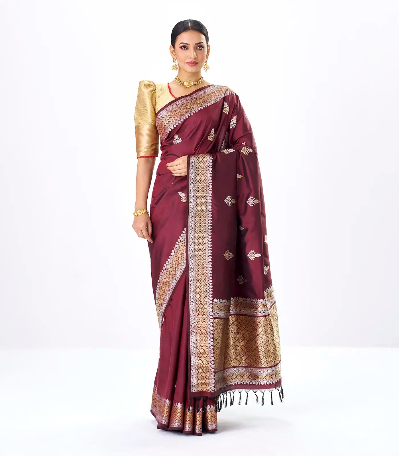 RmKV Maroon Handloom Banarasi Silk Saree With Gold & Silver Zari Buttas