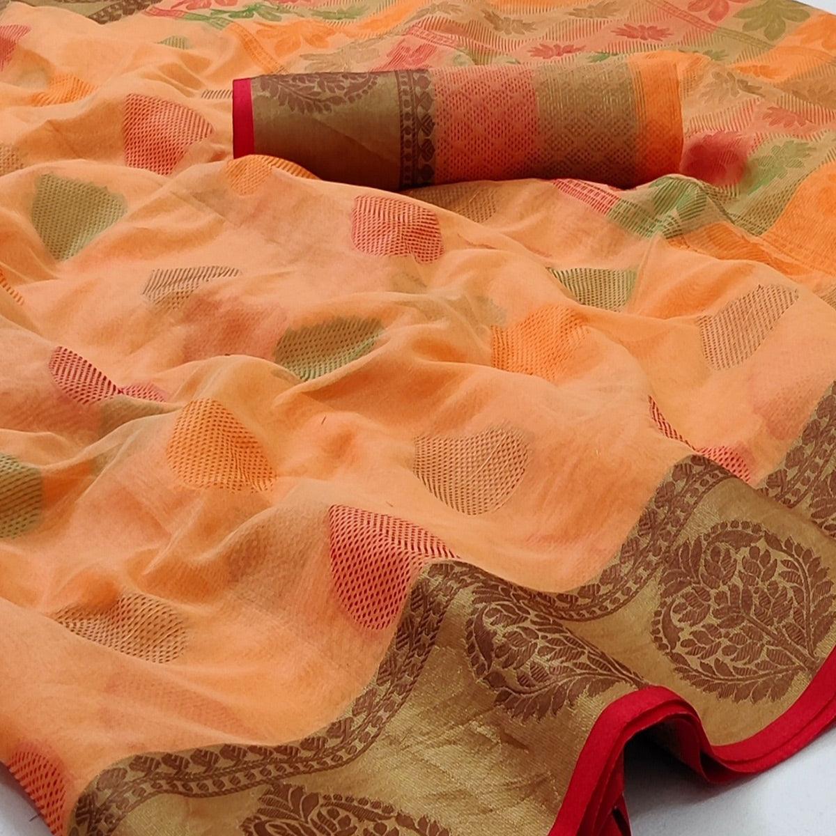 Peachmode Light Peach Festive Wear Woven Rich Pallu Organza Saree - view 2