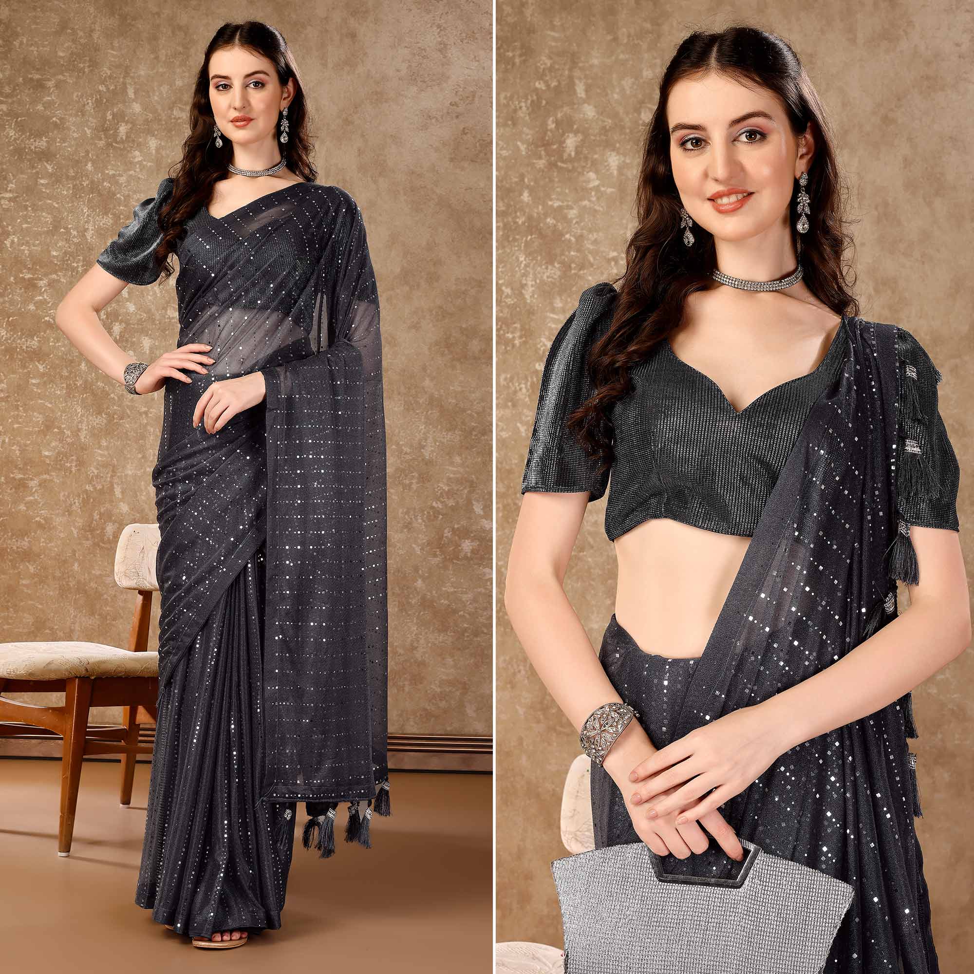 Peachmode Grey Tikali Work Lycra Saree With Tassels
