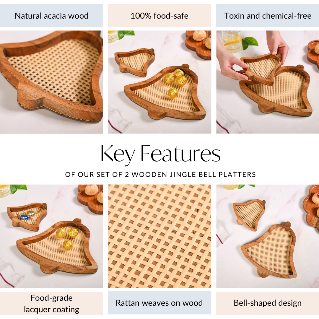 Nestasia Set Of 2 Jingle Bells Wooden Platters With Rattan Weave - view 7