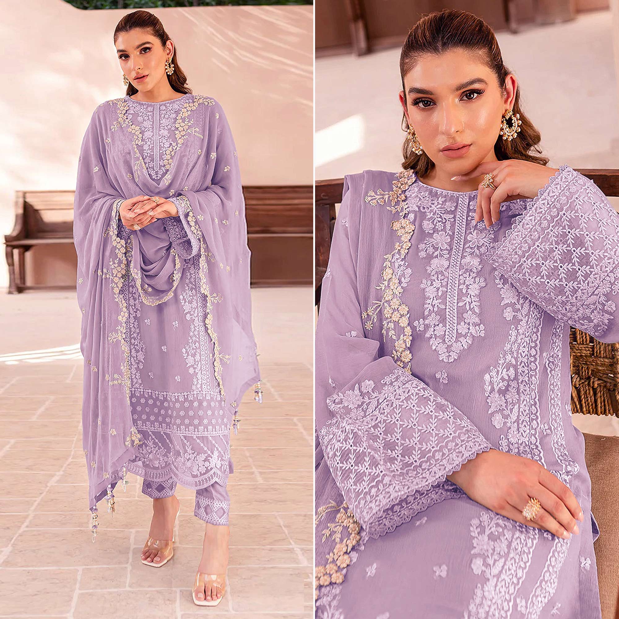 Peachmode Lavender Floral Sequins Embroidered Georgette Semi Stitched Pakistani Suit