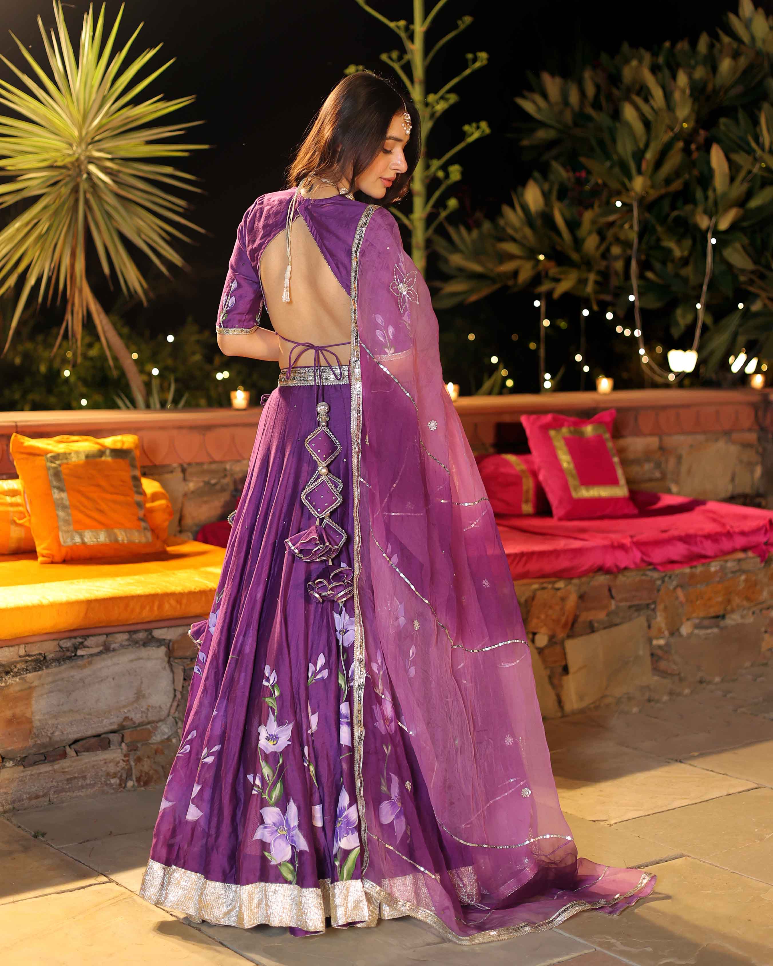 Aachho Purple Whisper Handpainted Chanderi Lehenga Set - view 2
