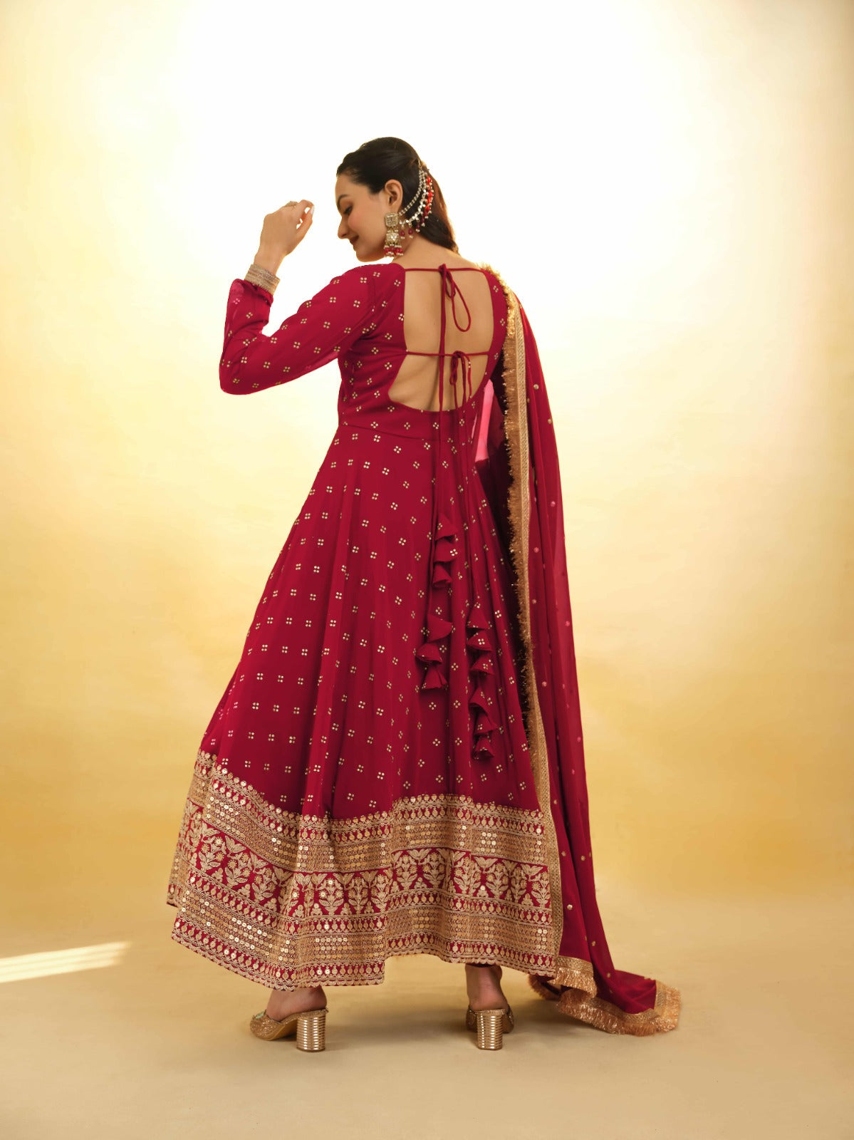 ClothsVilla Maroon Georgette Suit with Embroidery and Shantoon Bottom - view 6
