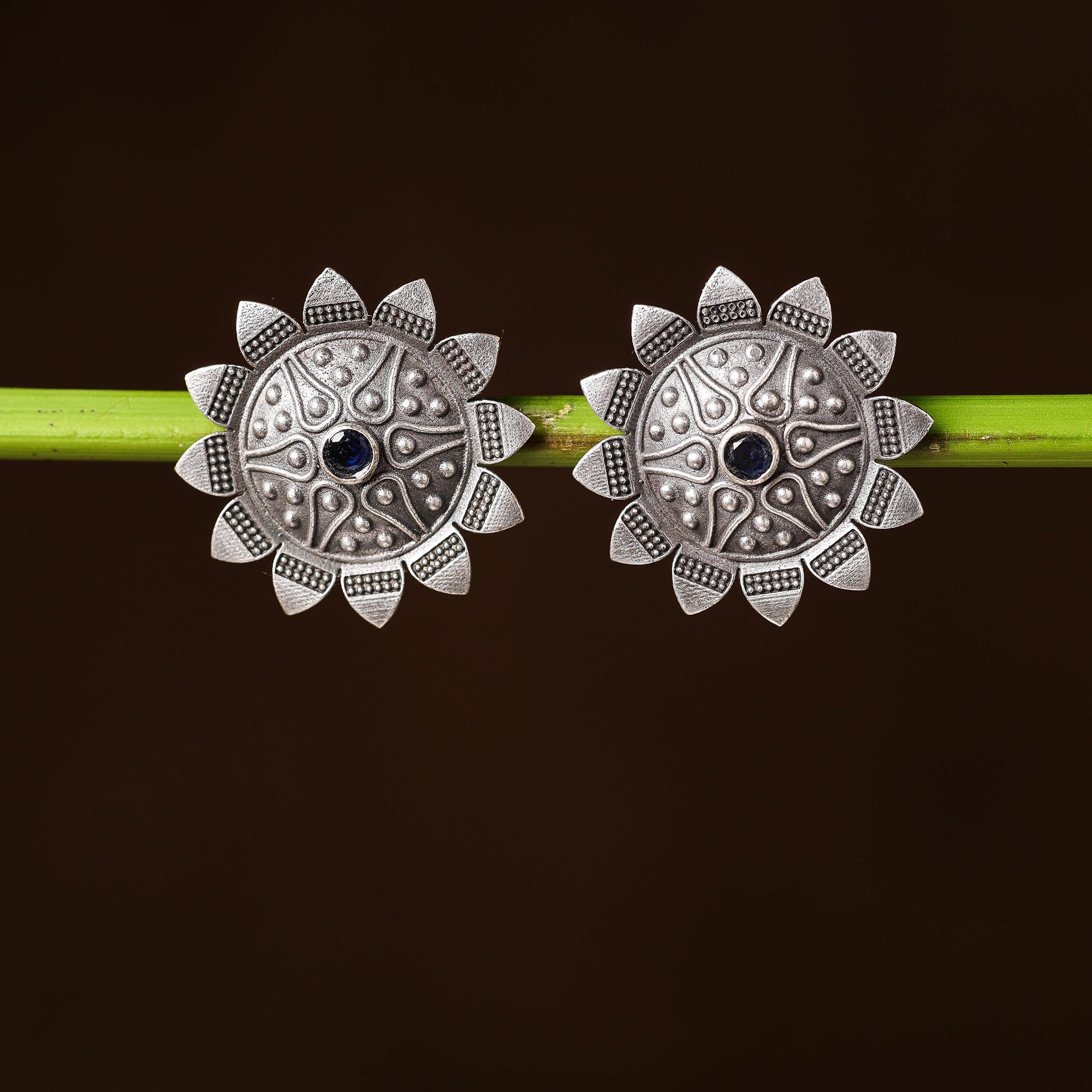 WHITE RIVER STORIES Antique Silver Finish Oxidised Brass Base Stone Work Stud Earrings