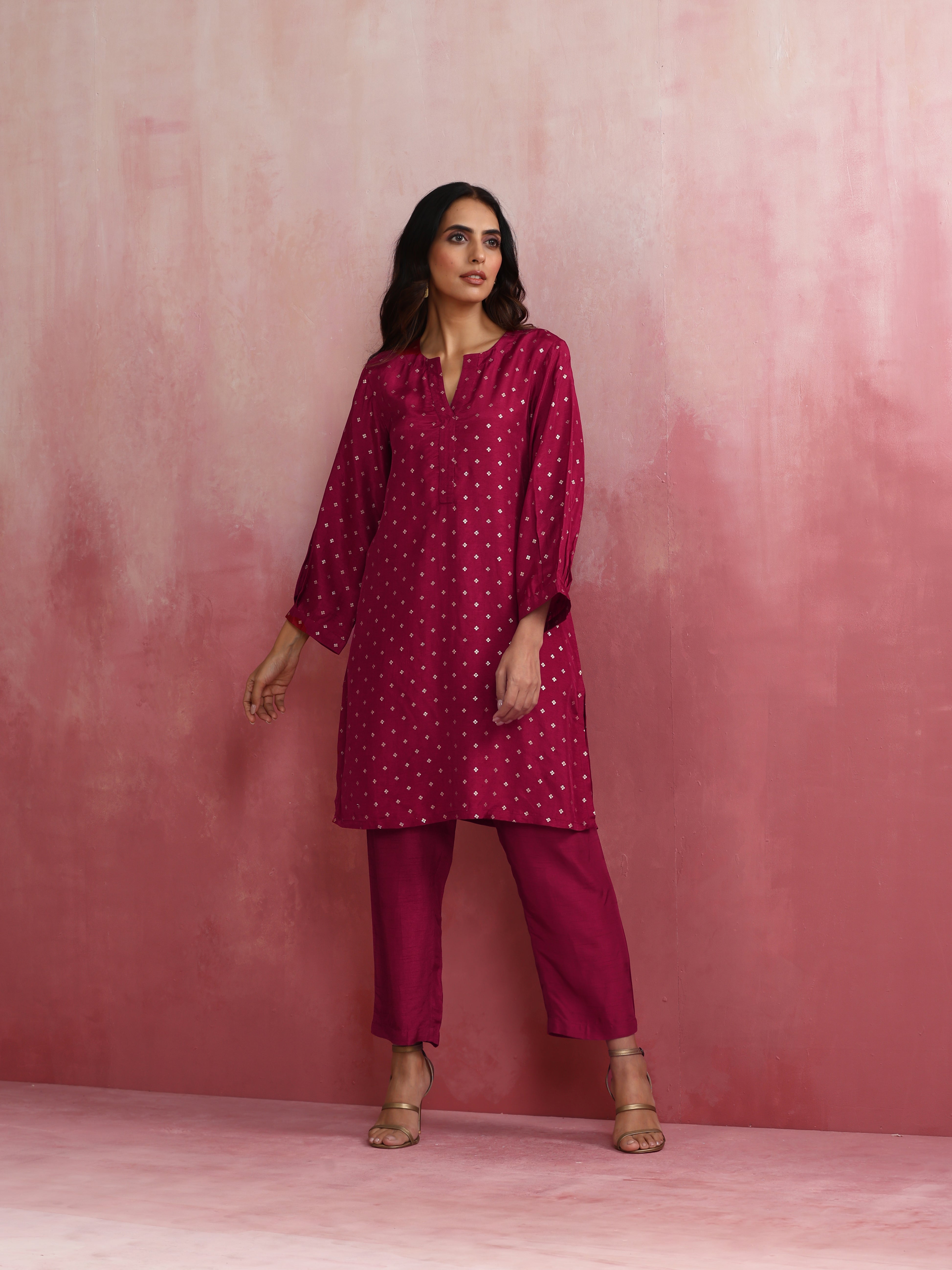 trueBrowns Pink Viscose Silk Kurta Co-ord Set - view 2