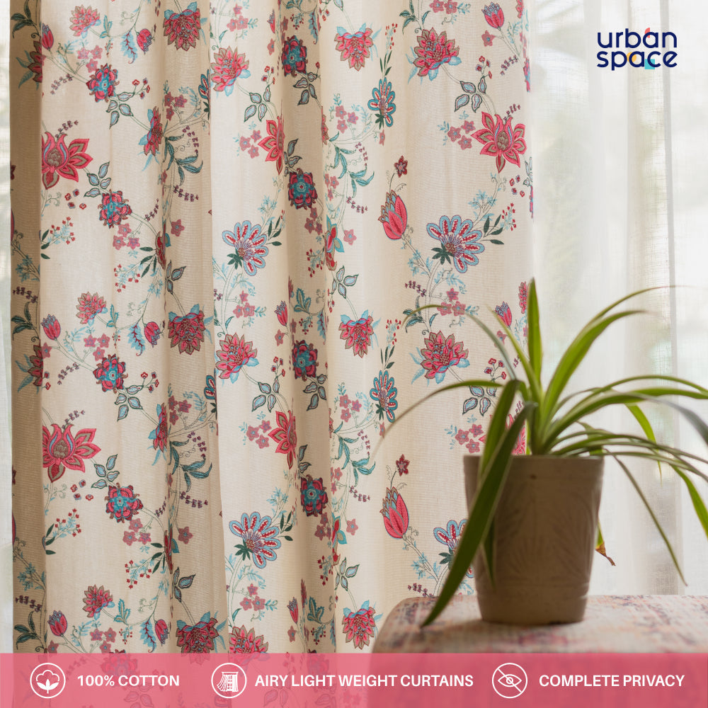 Urban Space -Home Furnishing Store 100% Cotton, room darkening ethnic curtains, Pack of 2 Curtains - Passion flower pink - view 6