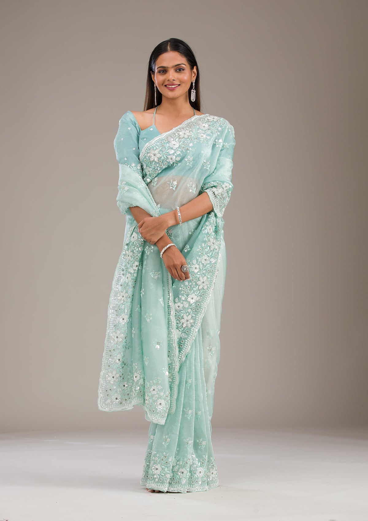 Koskii Sea Green Sequins Tissue Saree – Women's