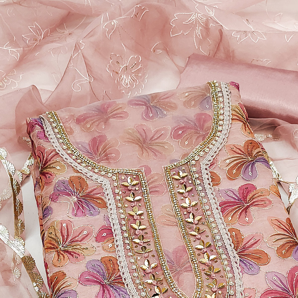 Peachmode Light Mauve Sequins Embroidered Organza Dress Material - view 2