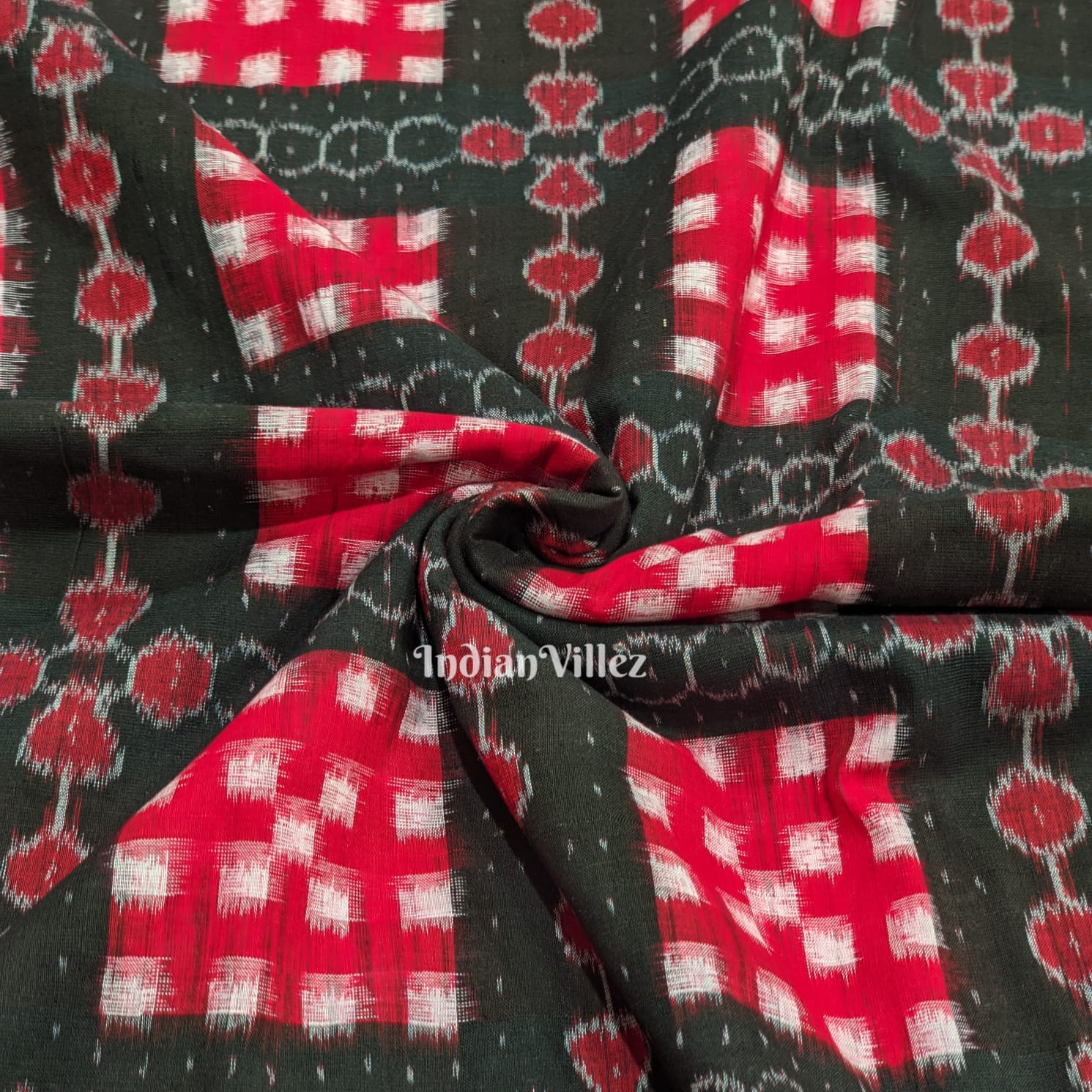 IndianVillèz Black Red Pasapali Theme Sambalpuri Ikat Cotton Fabric