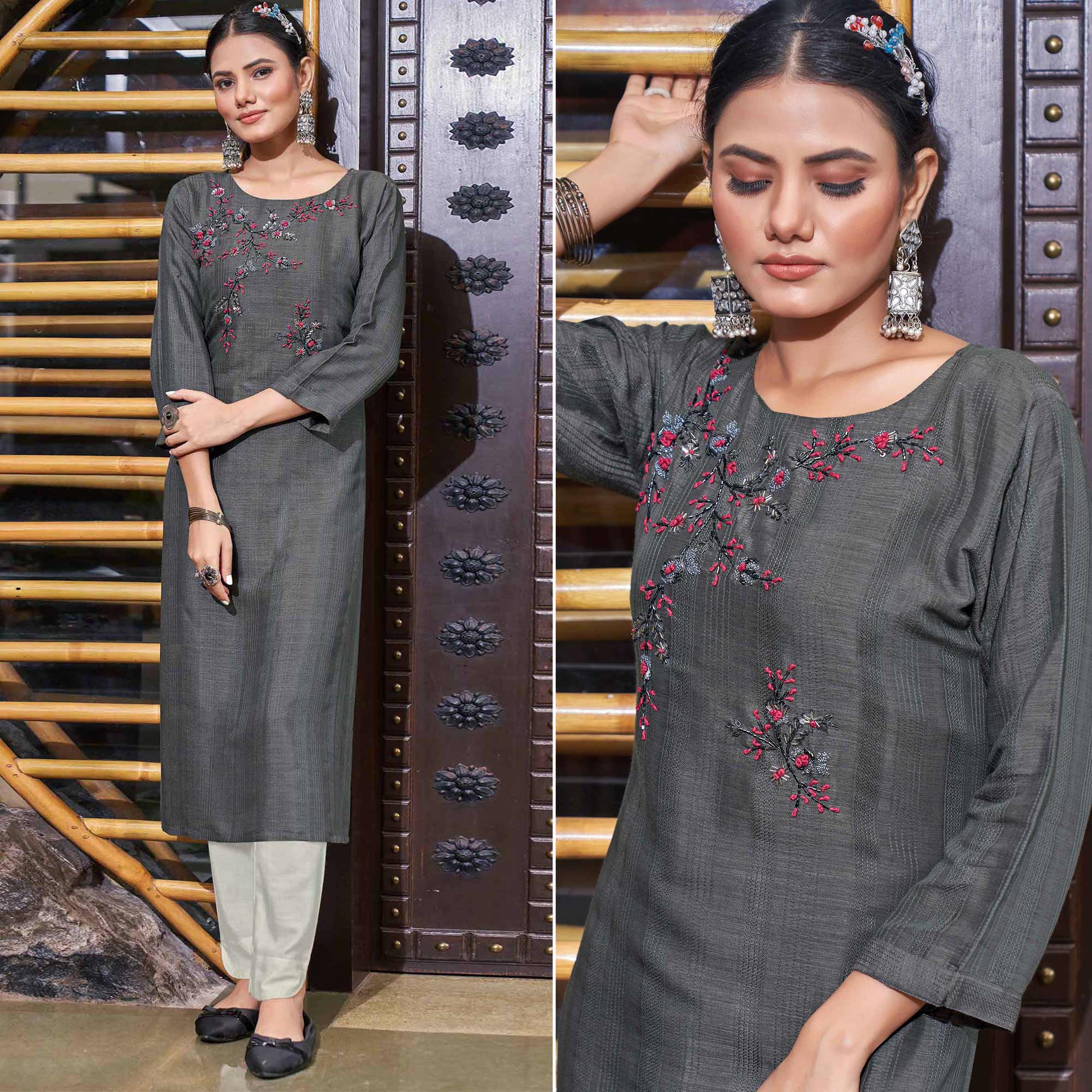 Grey kurtas – BlackTree grey-floral-embroidered-rayon-kurti-5
