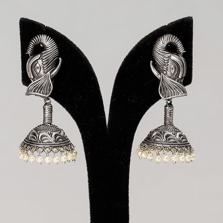 WHITE RIVER STORIES Antique Silver Finish Oxidised Brass Base Jhumki Earrings - view 2