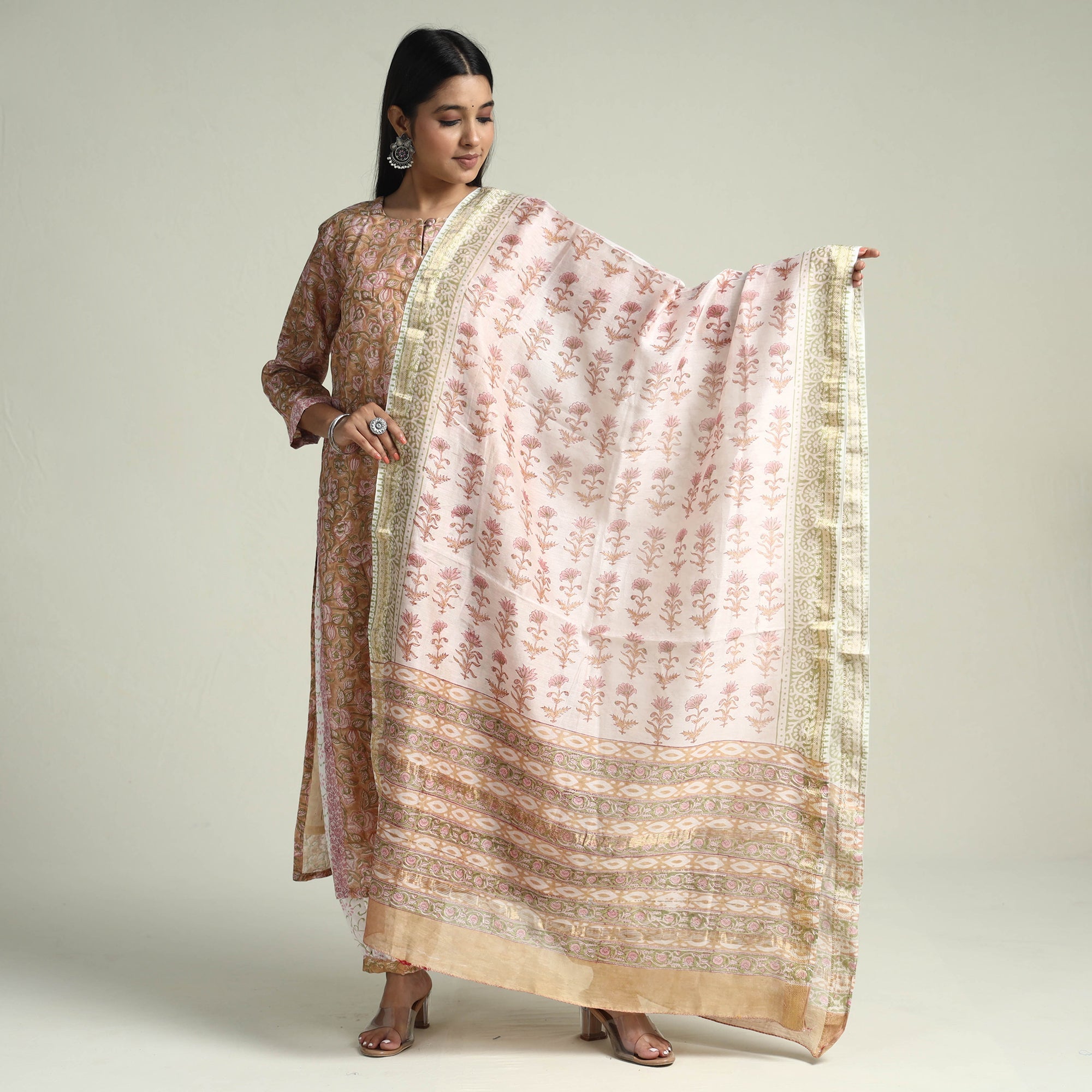 ITOKRI CASUALS Brown - - Sanganeri Block Printed Maheshwari Silk Kurta with Palazzo & Dupatta Set - view 2